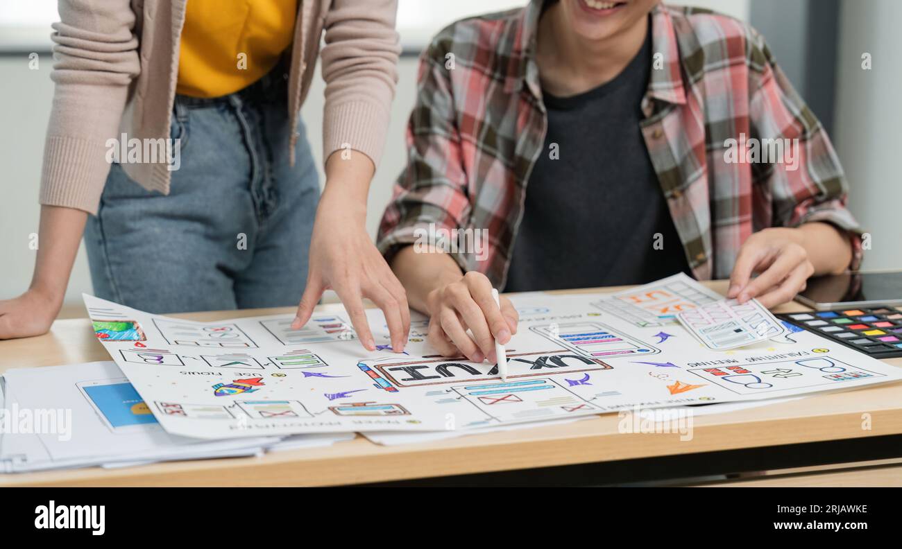UX developer and ui designer brainstorm about mobile app interface wireframe design with customer breif and color code at office Stock Photo