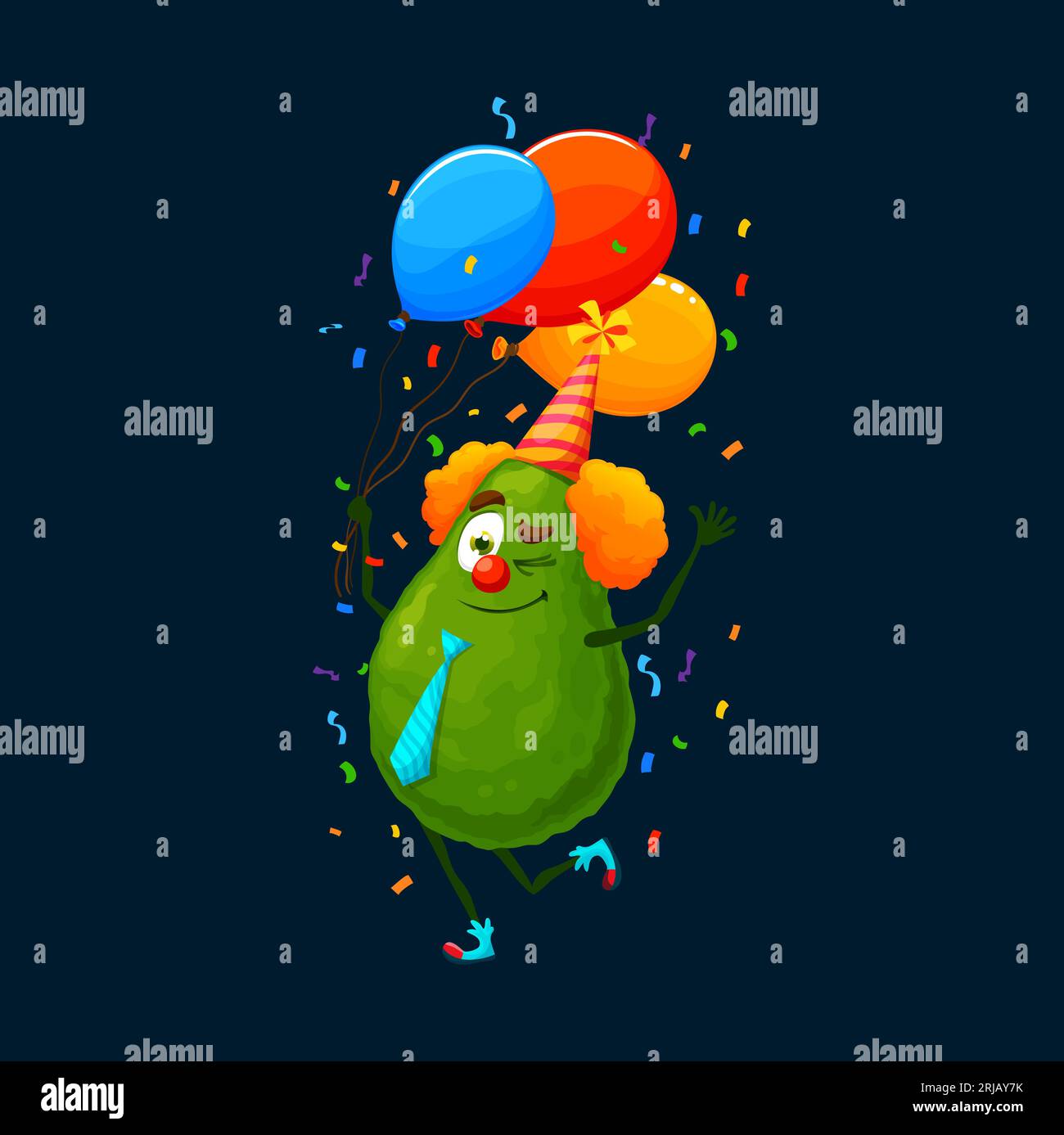 Cartoon avocado character on holiday party full of cheer. Vector clown ...