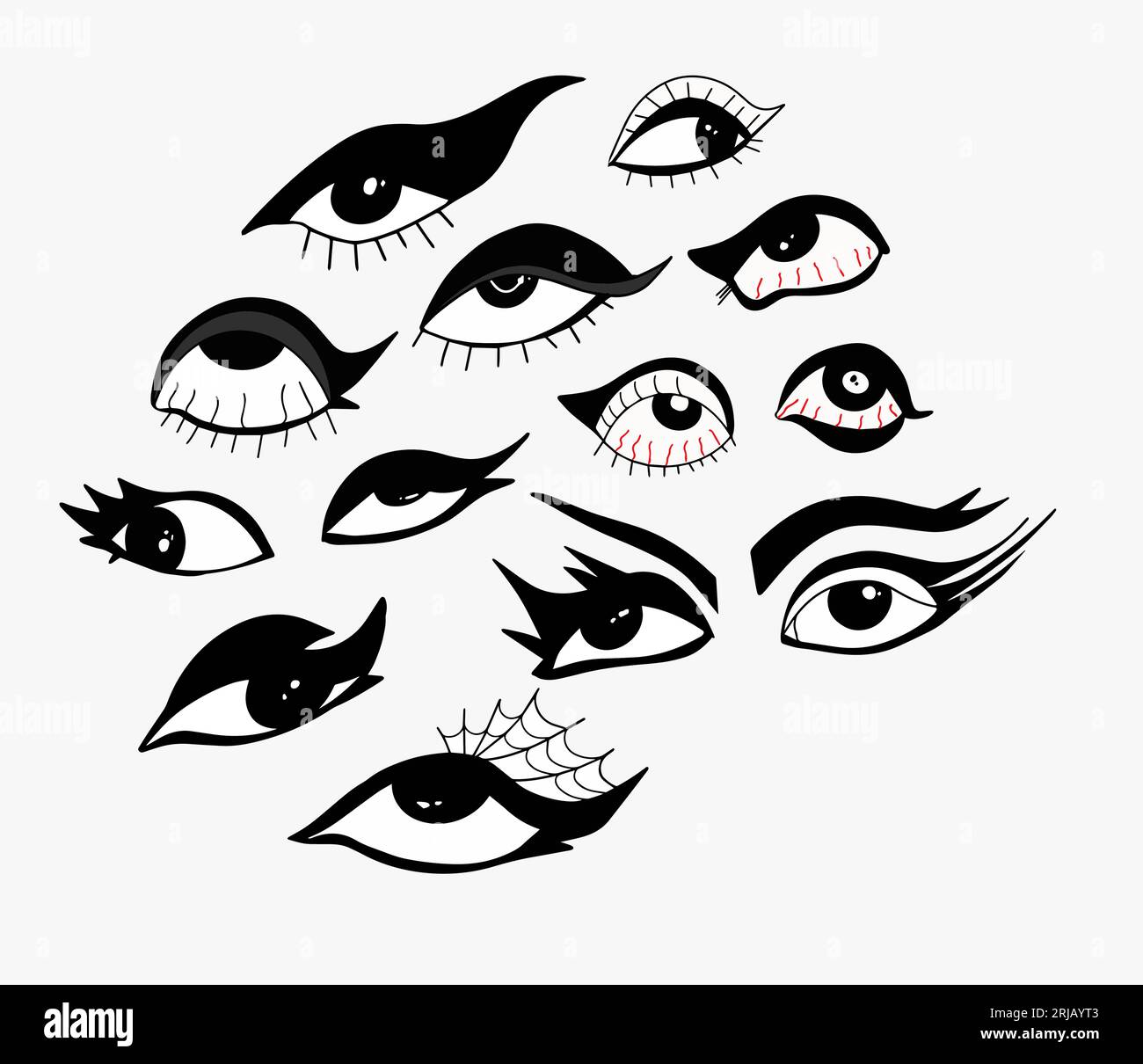 Halftone sticker set eye with gothic makeup. Different eyes, tired, red. Punk,2000x y2k emo style. Vector illustration Stock Vector