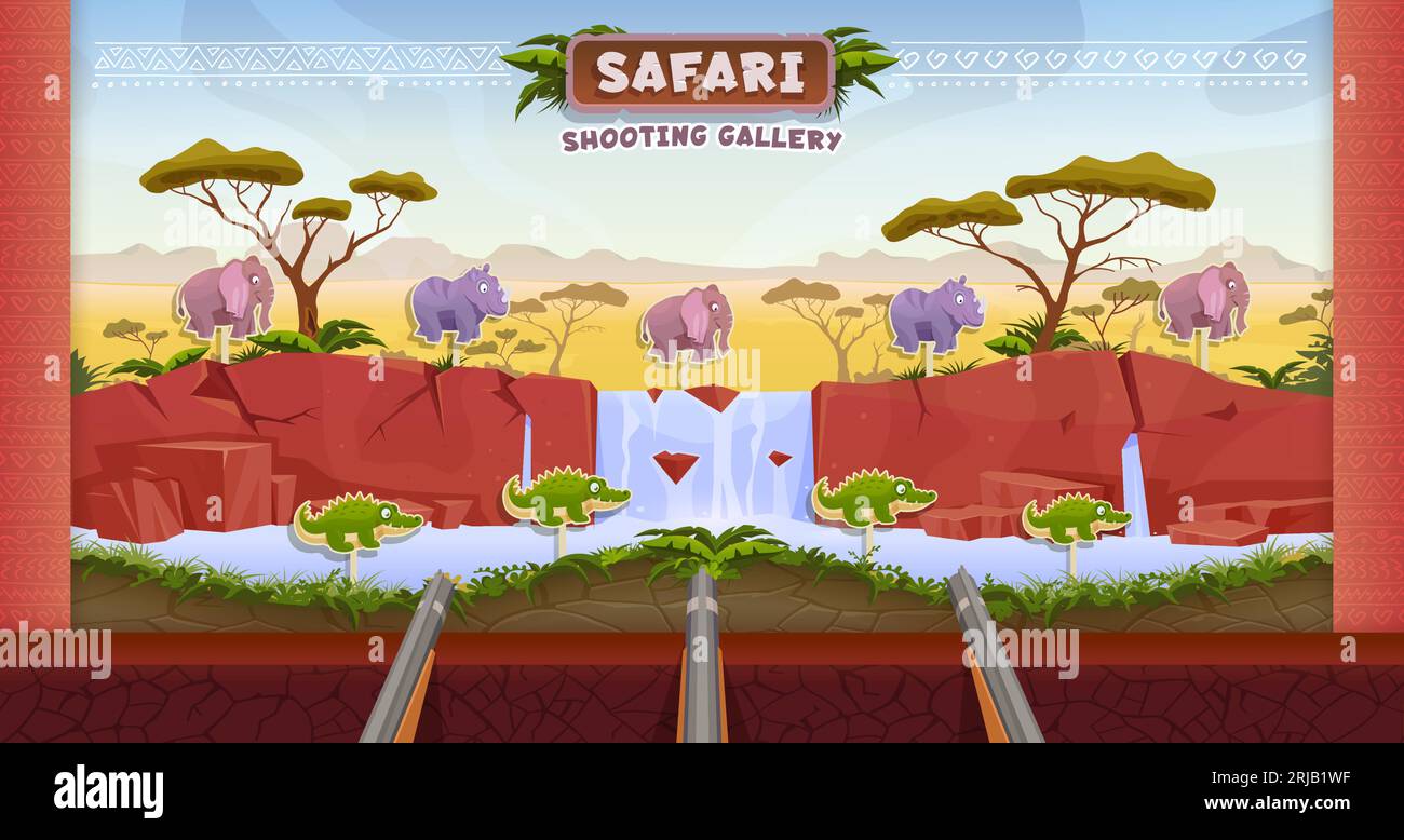 African safari hunting carnival shoot game, shooting range. Cartoon vector amusement park booth with elephant, hippo and alligator aims. Hunt entertai Stock Vector