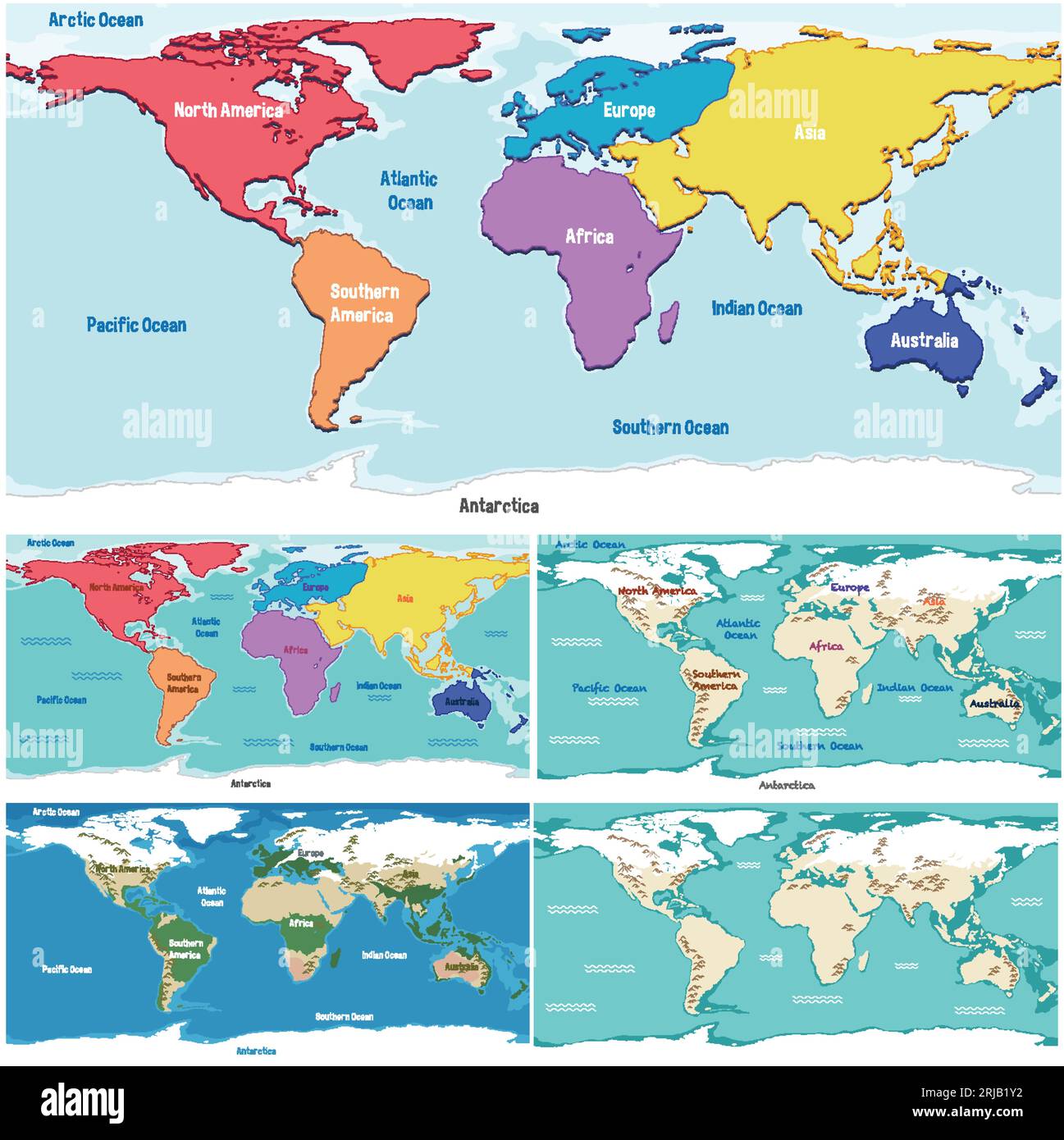 Illustration of a vibrant world map divided into continents Stock ...