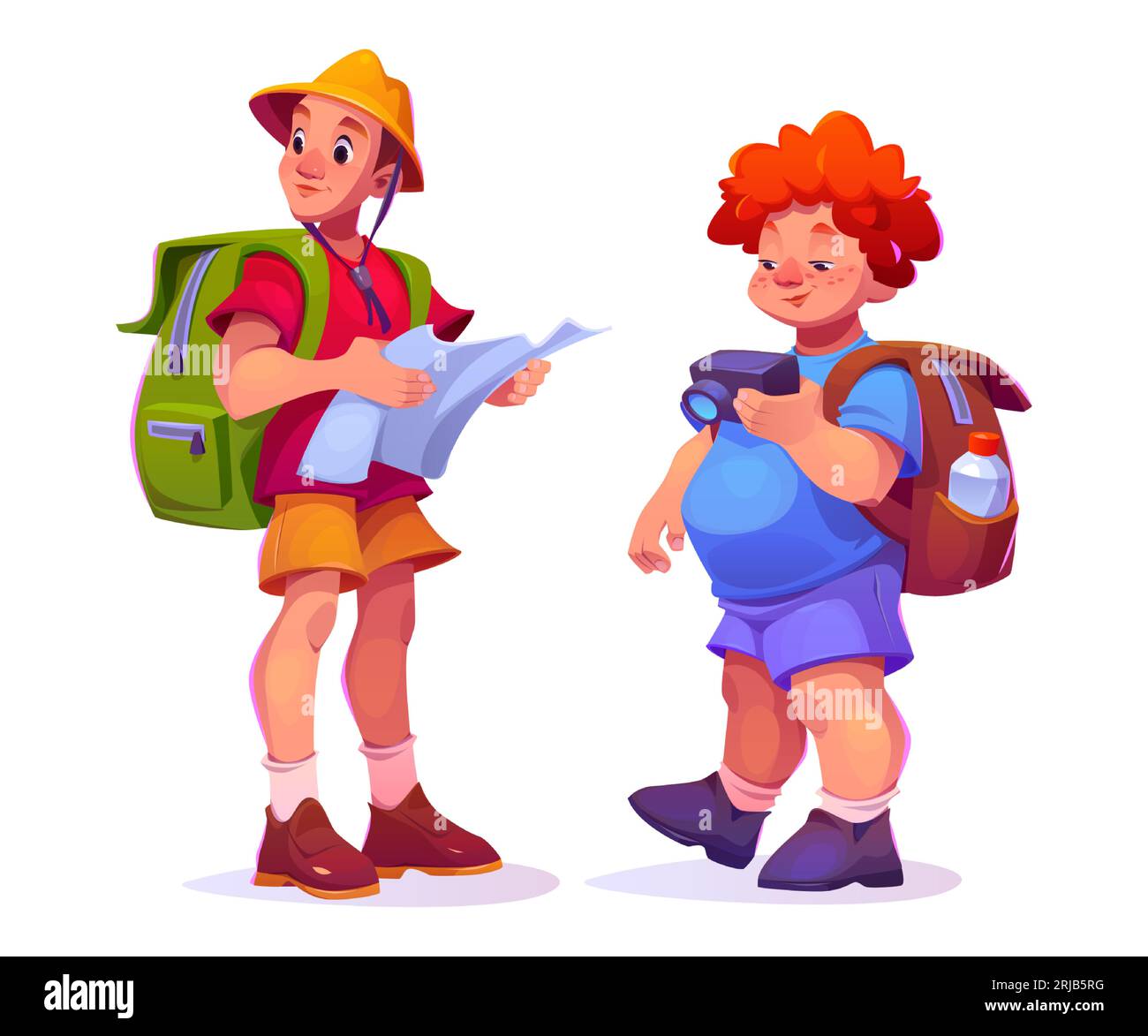 Vector tourist people character with backpack and map isolated