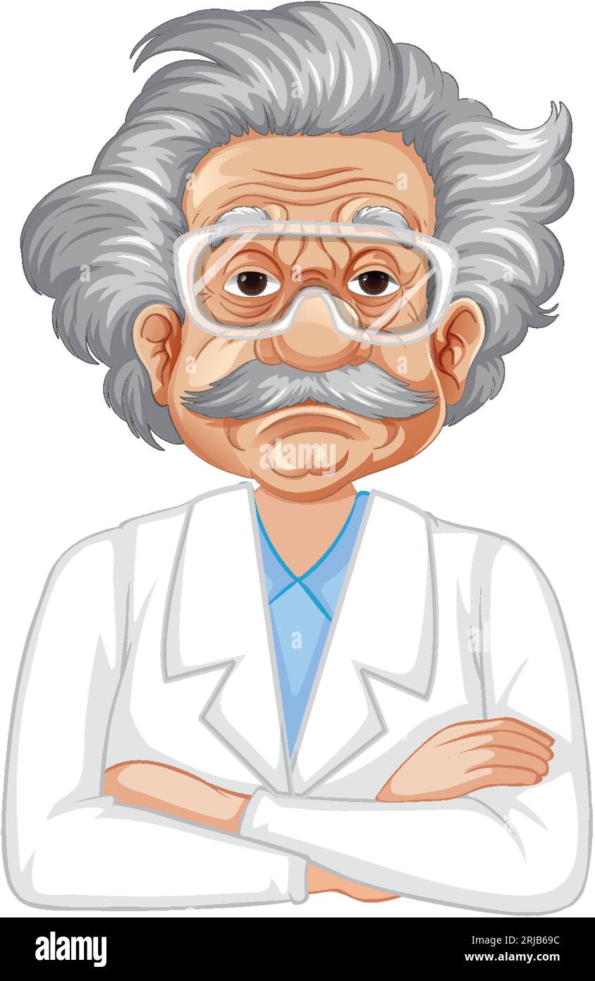 A vector illustration of Albert Einstein, the renowned theoretical physicist, wearing a scientist gown and goggles Stock Vector