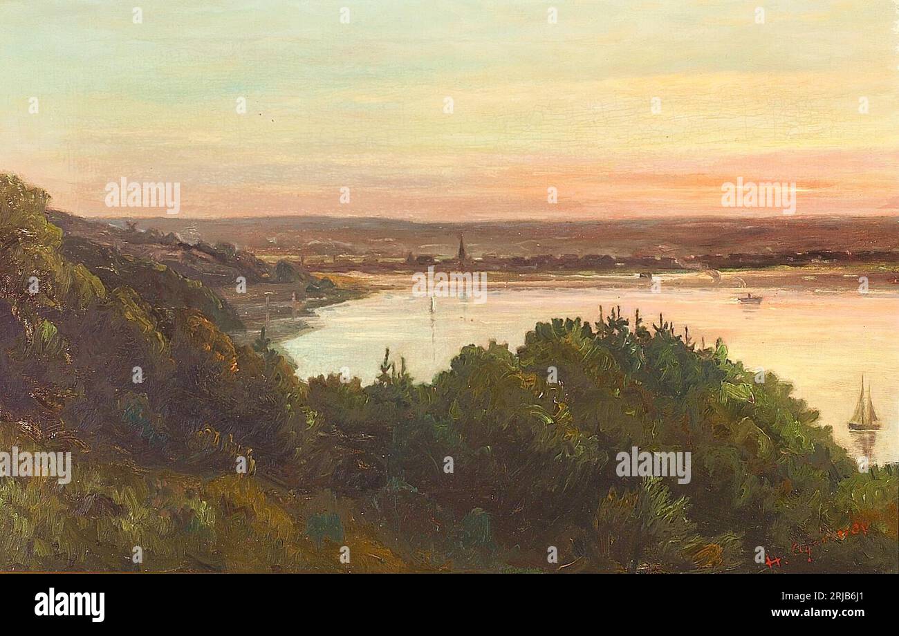 A view from Munkebjerg toward Vejle at dusk. between 1875 and 1925 by Hans Agersnap Stock Photo