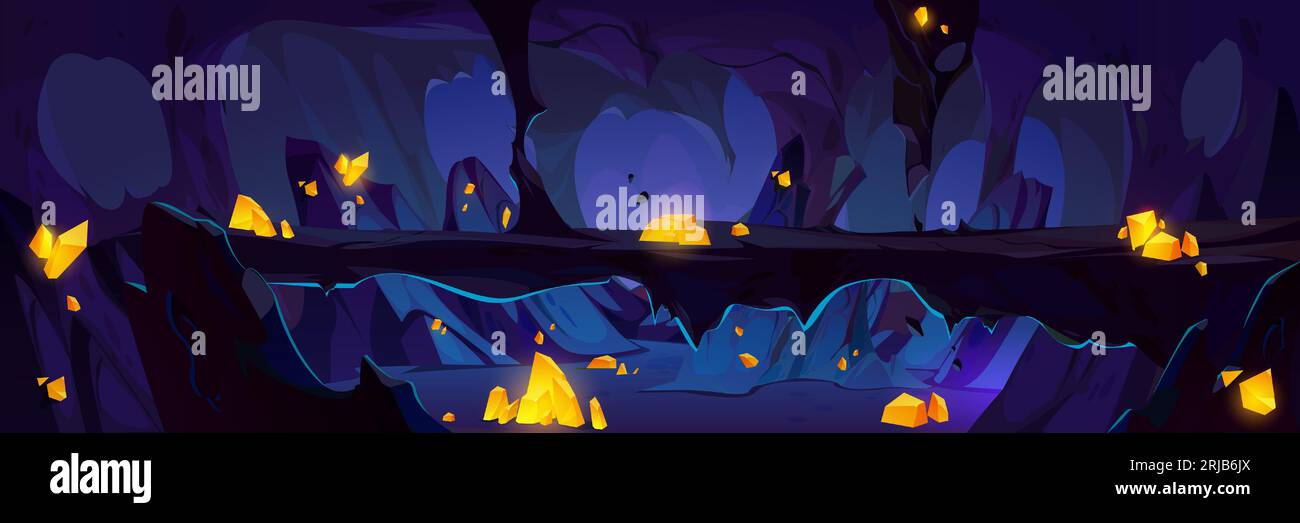 Dark cave with stone walls and golden shining crystals. Cartoon vector gold or diamond mine. Game path or level - rocky tunnel with treasure from inside. Magic dungeon with yellow gemstones. Stock Vector
