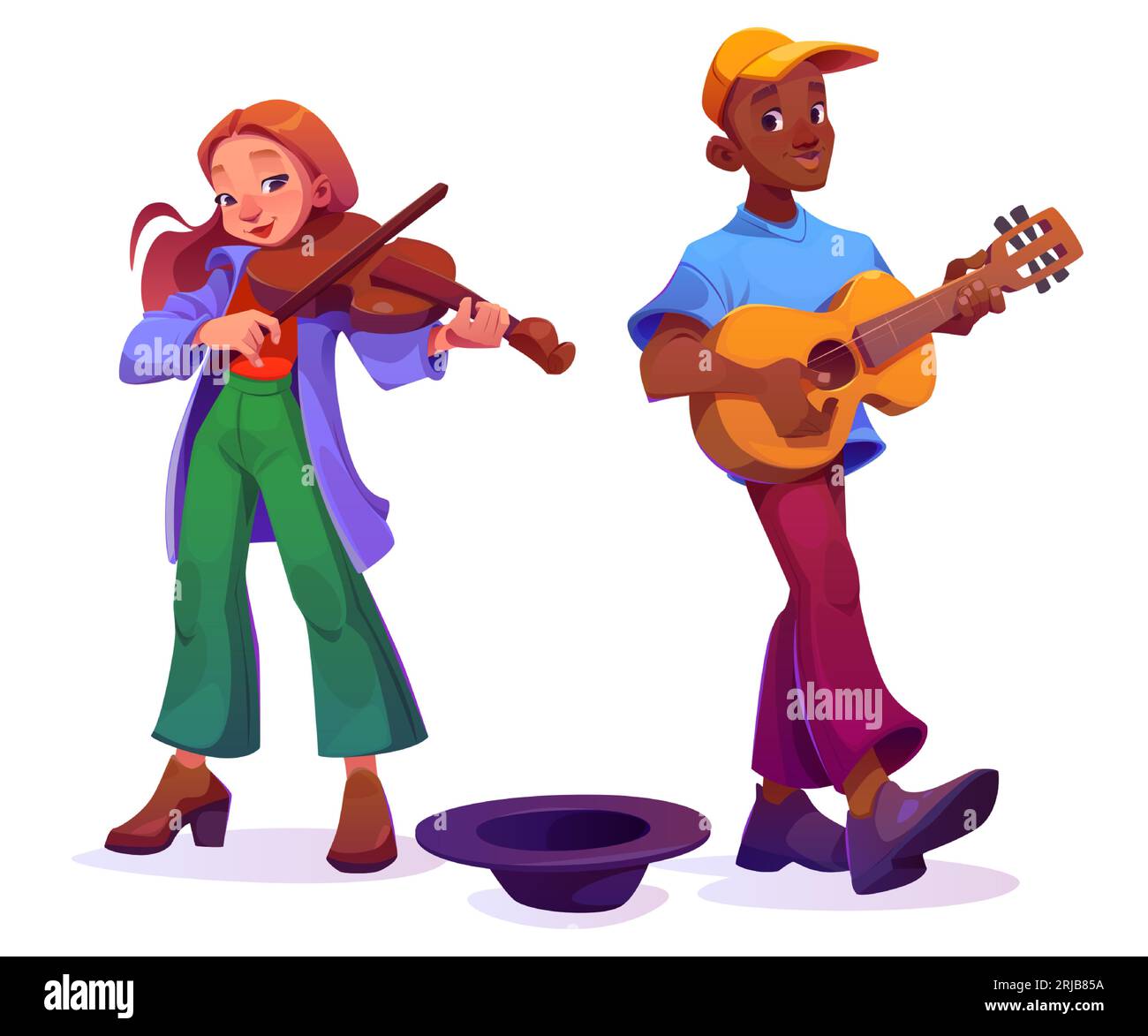 Street musicians, people playing music on guitar and violin. Man and woman artists perform for donation on city street. Buskers and hat on floor, vector cartoon illustration Stock Vector