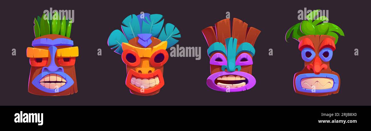 Tiki masks with toothy smile - cartoon vector illustrations set of colorful tribal traditional wooden totems. Images of deities of Hawaiian and Polynesian culture, decorated with leaves and feathers. Stock Vector