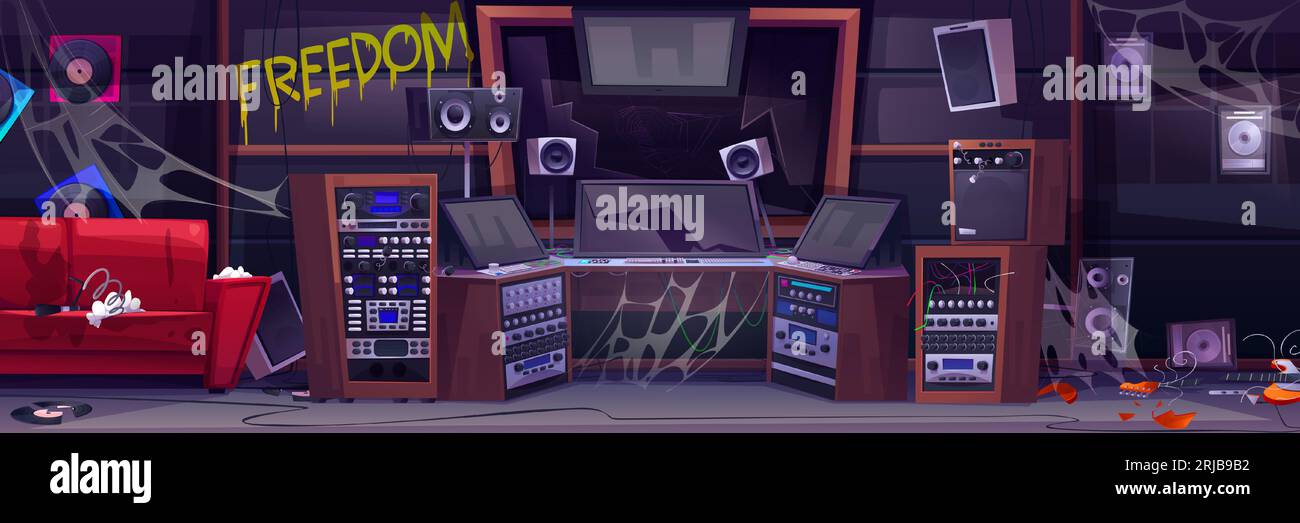 Abandoned music record studio cartoon vector interior. Broken sound production equipment in messy room with crack glass window. Dirty audio recording workstation with loudspeaker and synthesizer Stock Vector