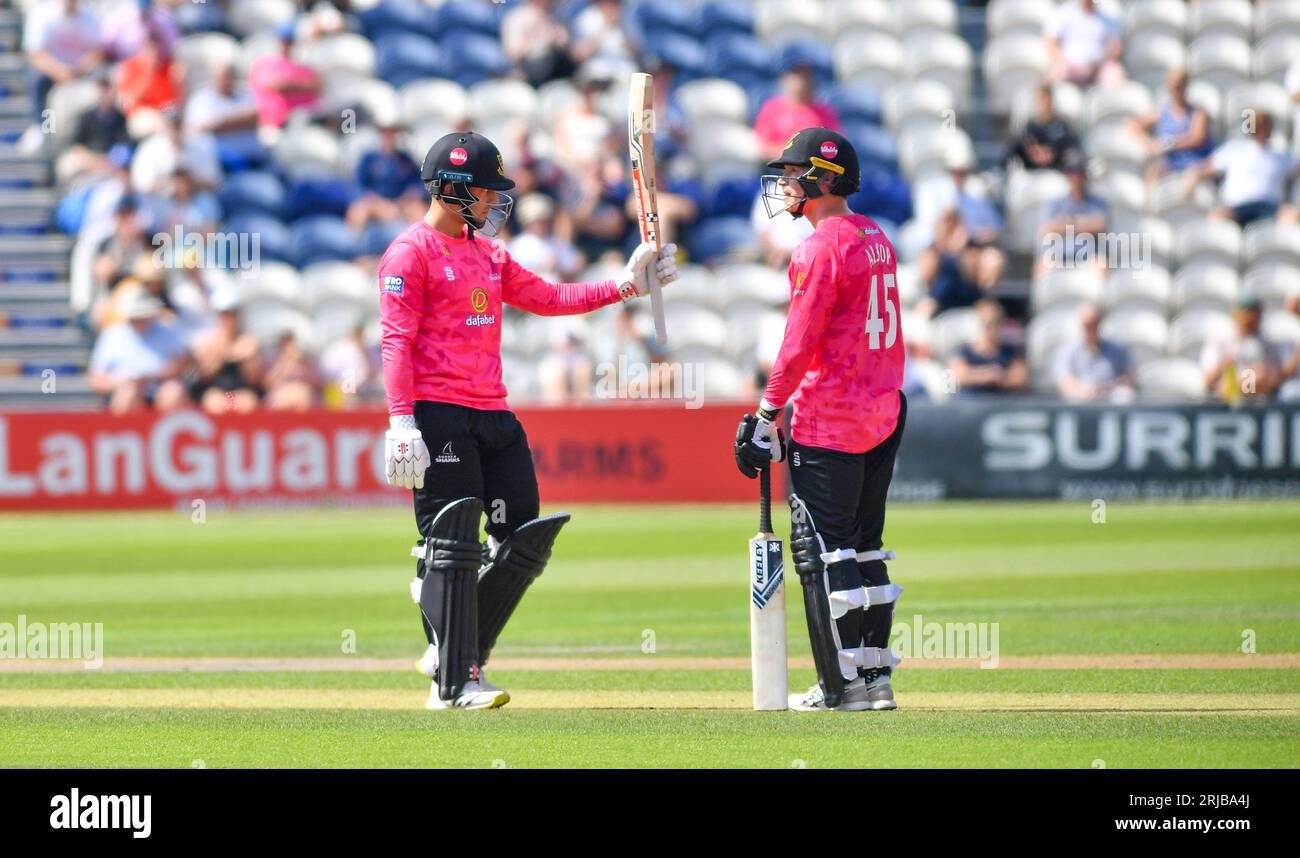 Hove UK 22nd August 2023 -  Tom Haines (left) reaches his half century against Warwickshire during their One Day Cup cricket match at the 1st Central County Ground in Hove : Credit Simon Dack /TPI/ Alamy Live News Stock Photo
