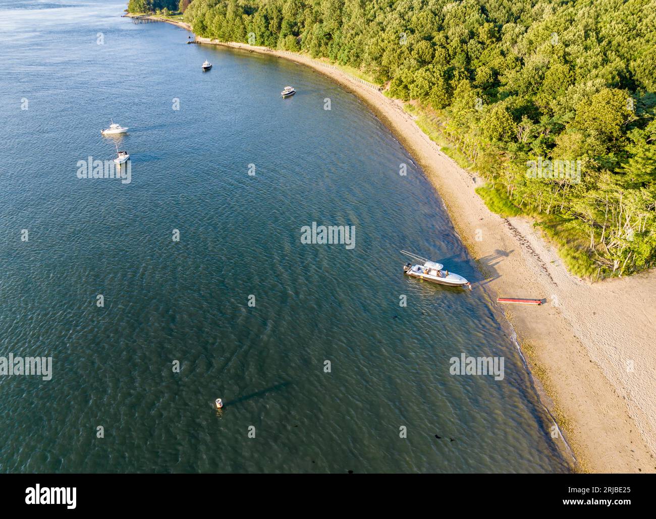aerial view of a boat near crescent beach Stock Photo