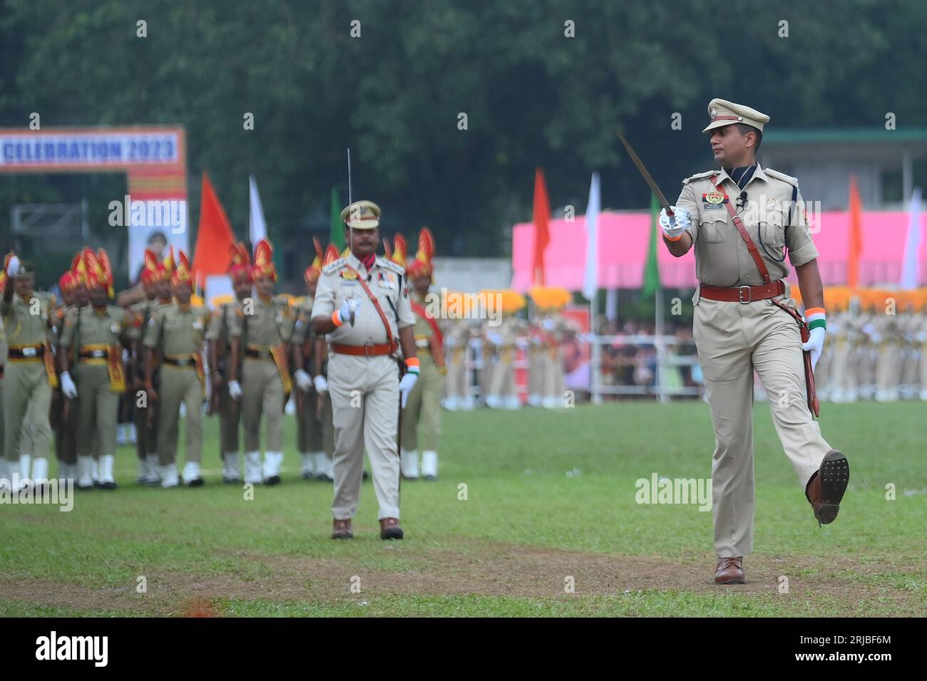 Soldiers of different platoons at the 77th Independence Day parade at the Assam Rifles ground in Agartala. Tripura, India. Stock Photo