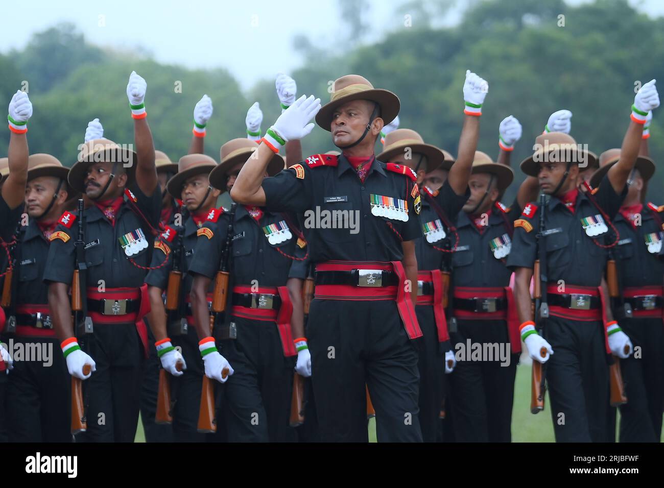 Soldiers of different platoons at the 77th Independence Day parade at the Assam Rifles ground in Agartala. Tripura, India. Stock Photo