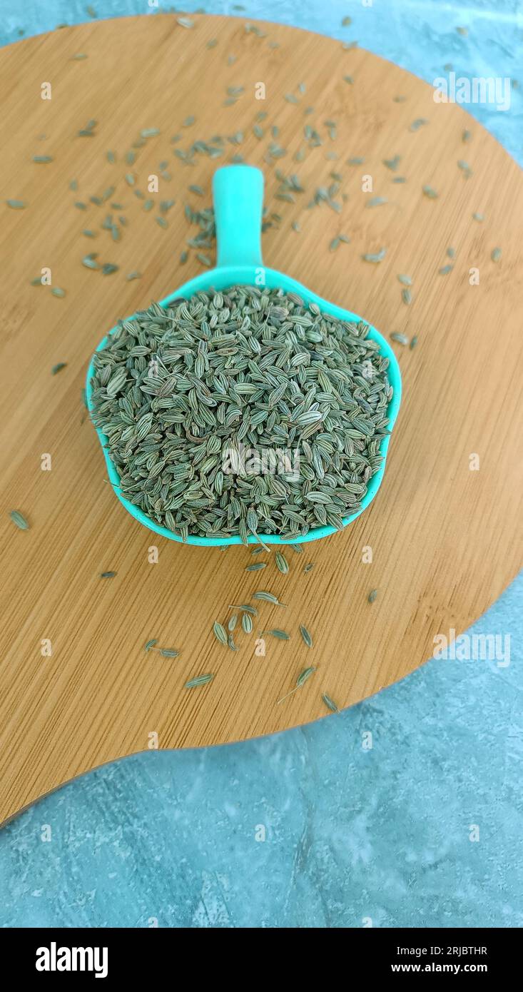 Fennel Seed Cup Green Circular Wooden Stock Photo