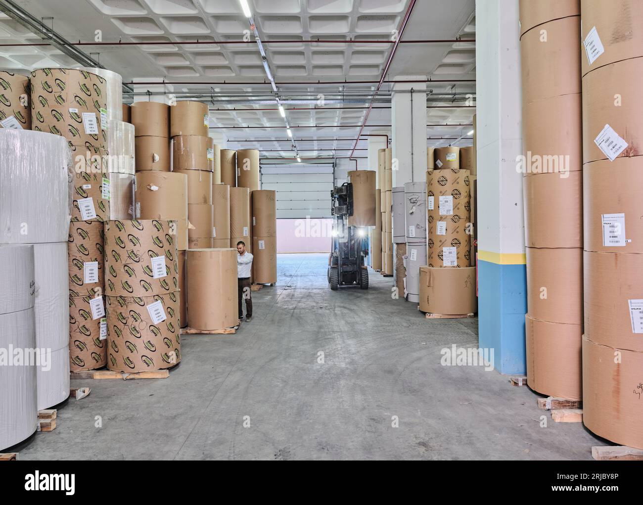 big paper rolls in a factory. Brown paper rolls used for packaging in
