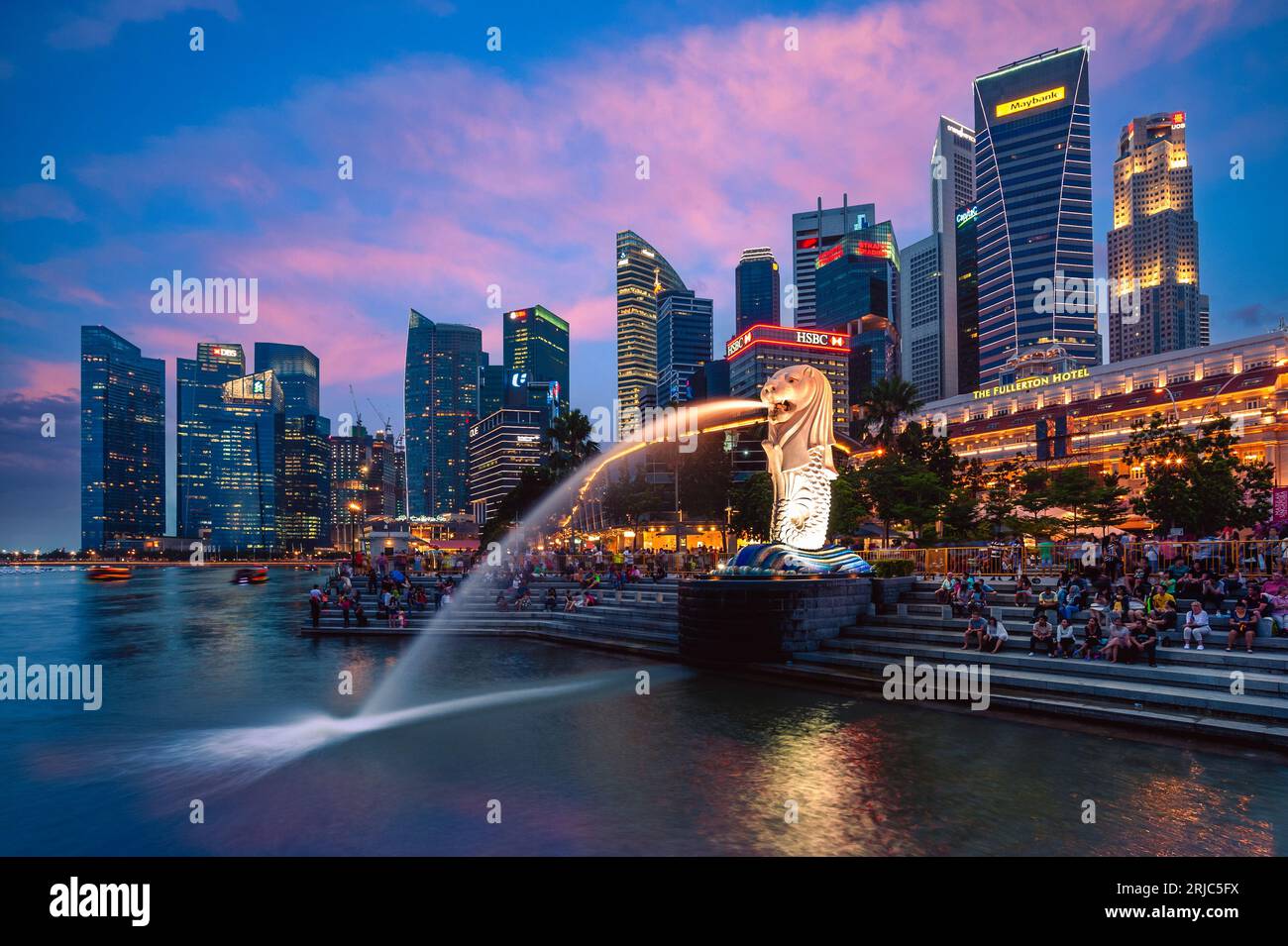 January 1, 2016: Merlion Statue, the official mascot of Singapore, at Marina Bay in Singapore. It is a mythical creature with a lion head and the body Stock Photo