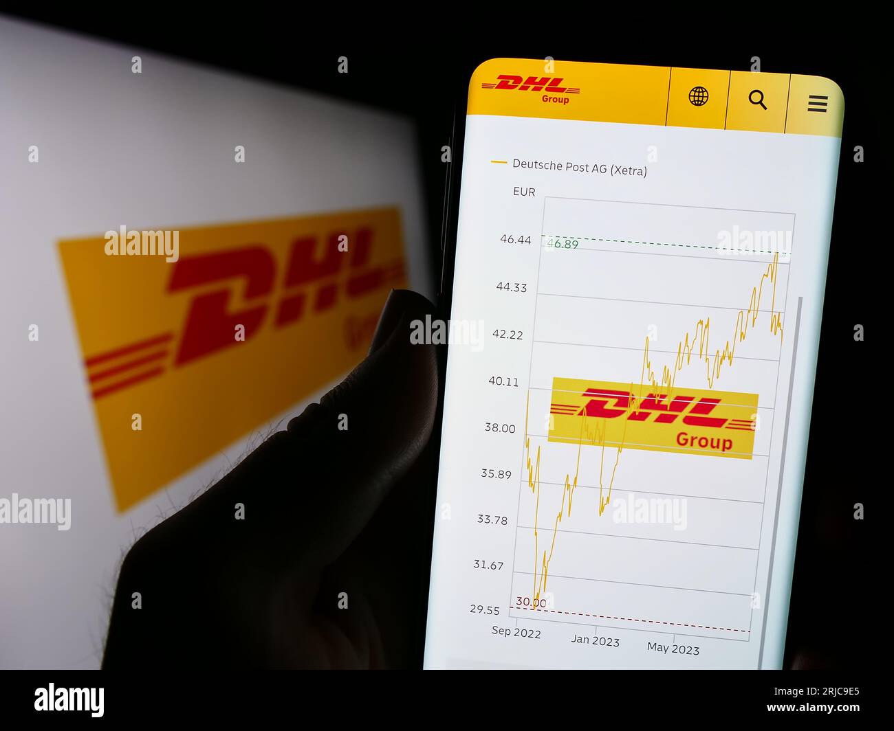 Person holding cellphone with webpage of logistics company Deutsche Post AG (DHL Group) on screen with logo. Focus on center of phone display. Stock Photo