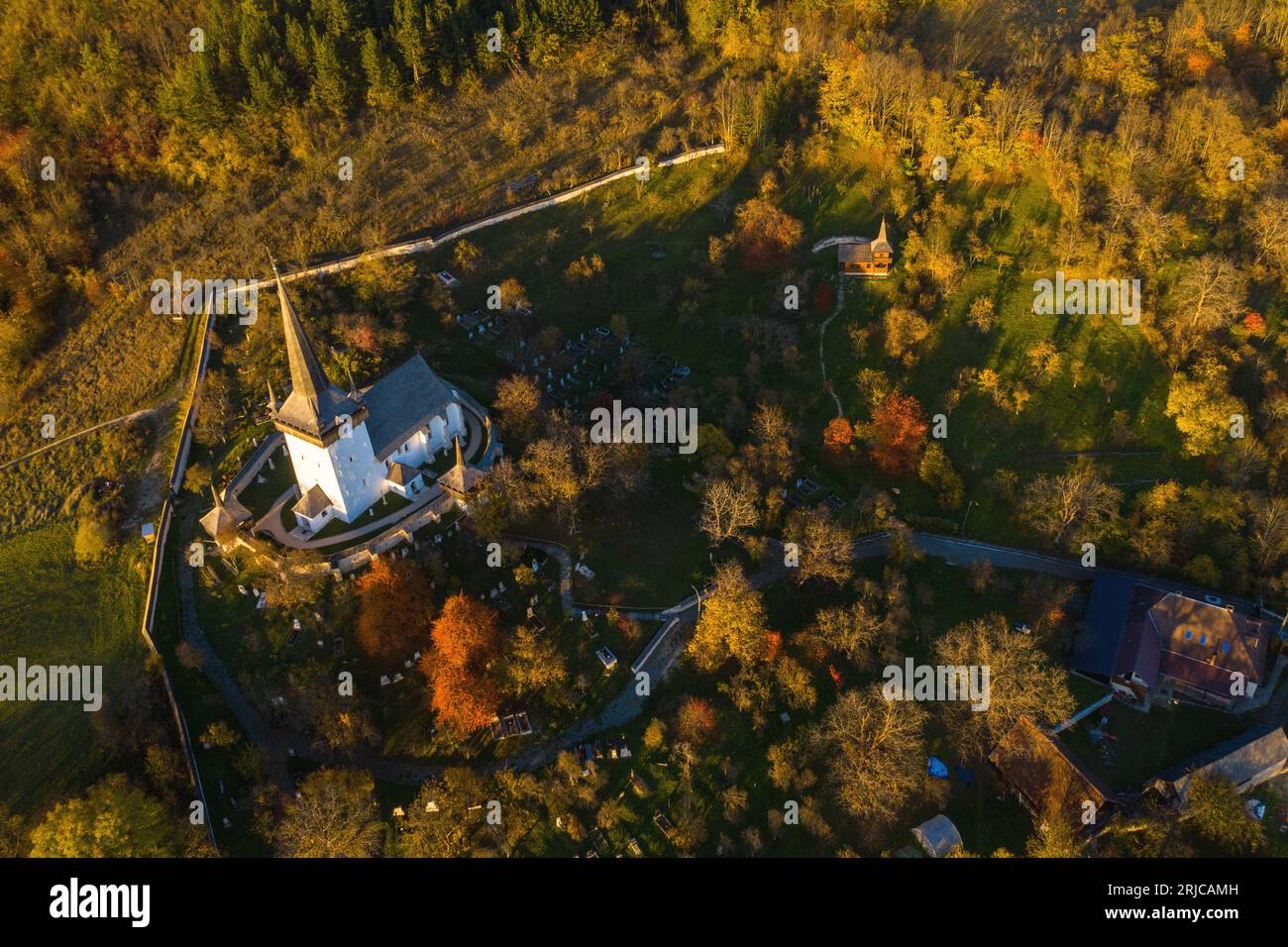 Aerial view of a protestant church. Valeni, Magyarvalko, Romania Stock Photo