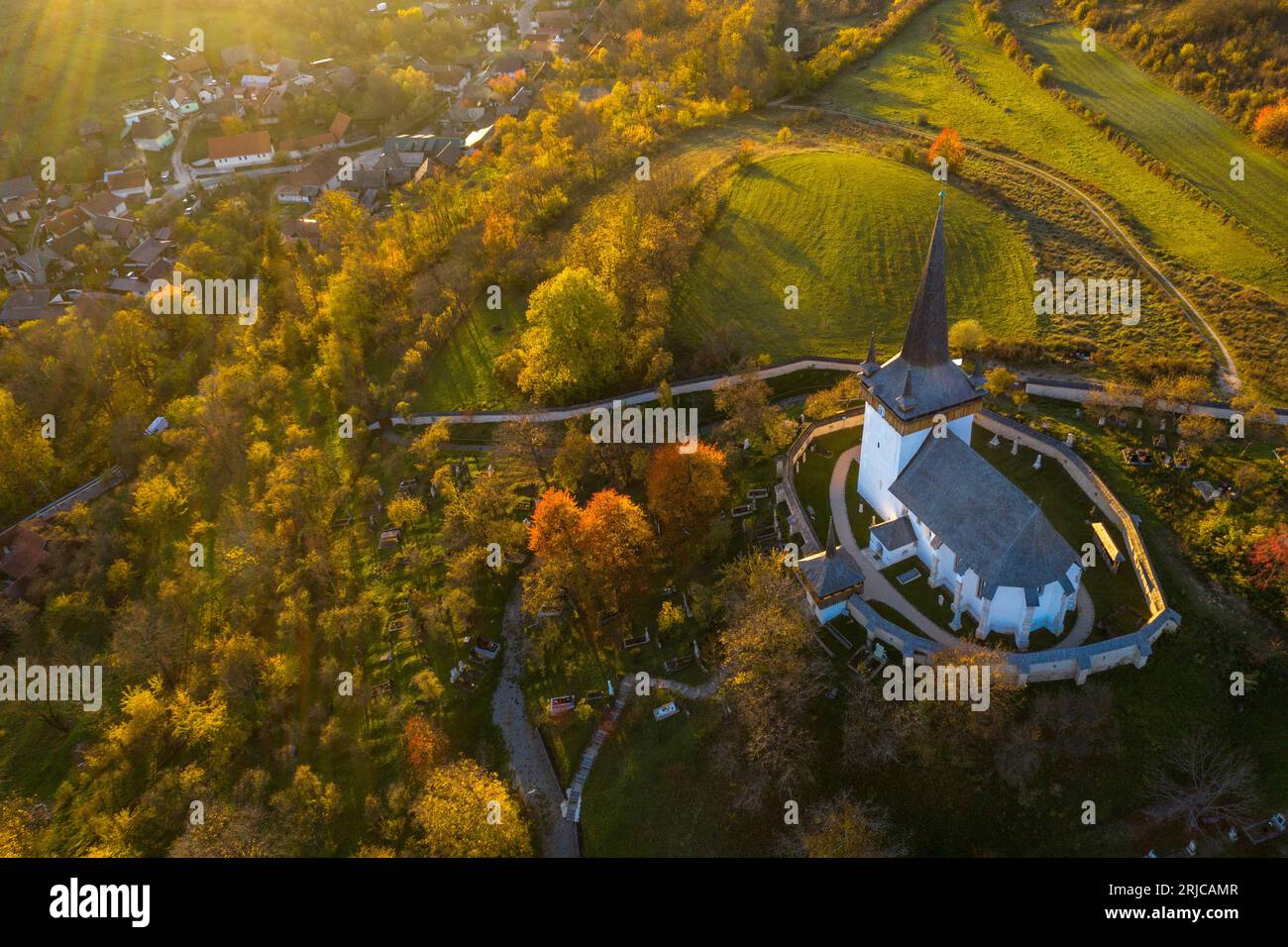Aerial view of a protestant church. Valeni, Magyarvalko, Romania Stock Photo