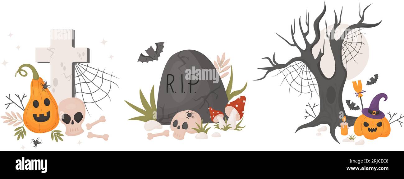Cute Halloween. Pumpkin lantern Jack with skull, bones, graveyard with cross, grave with bats and spooky forest tree with cobwebs. Vector illustration Stock Vector