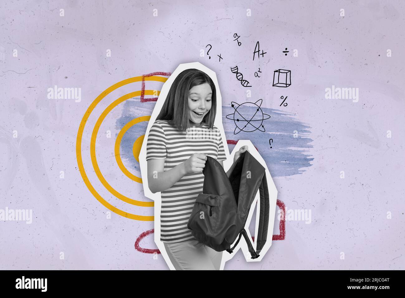 Collage picture of astonished black white colors girl hold opened backpack drawing mind grade geometric figures chemistry darts board target Stock Photo
