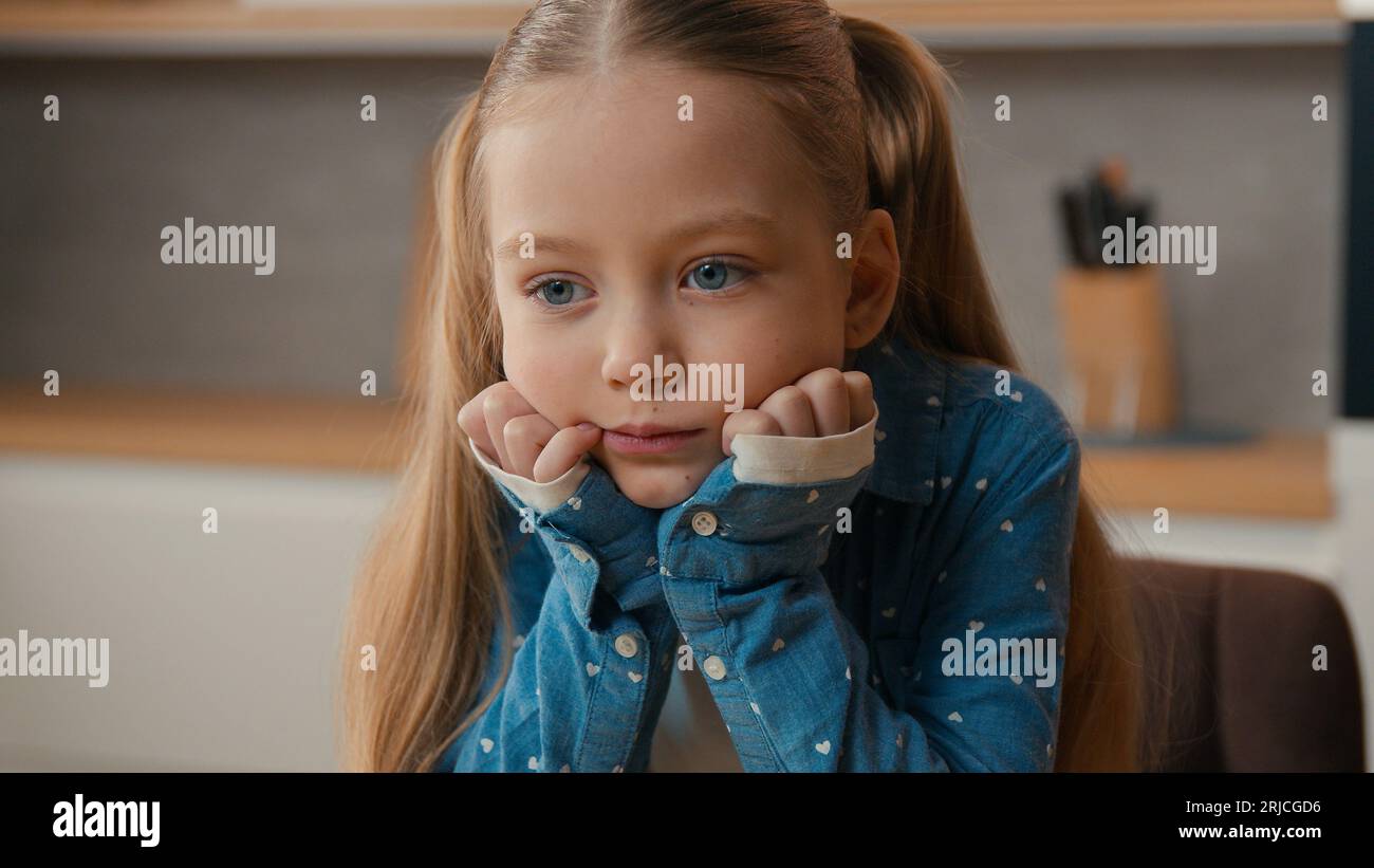 Close up portrait little offended Caucasian sad upset bored child girl ...