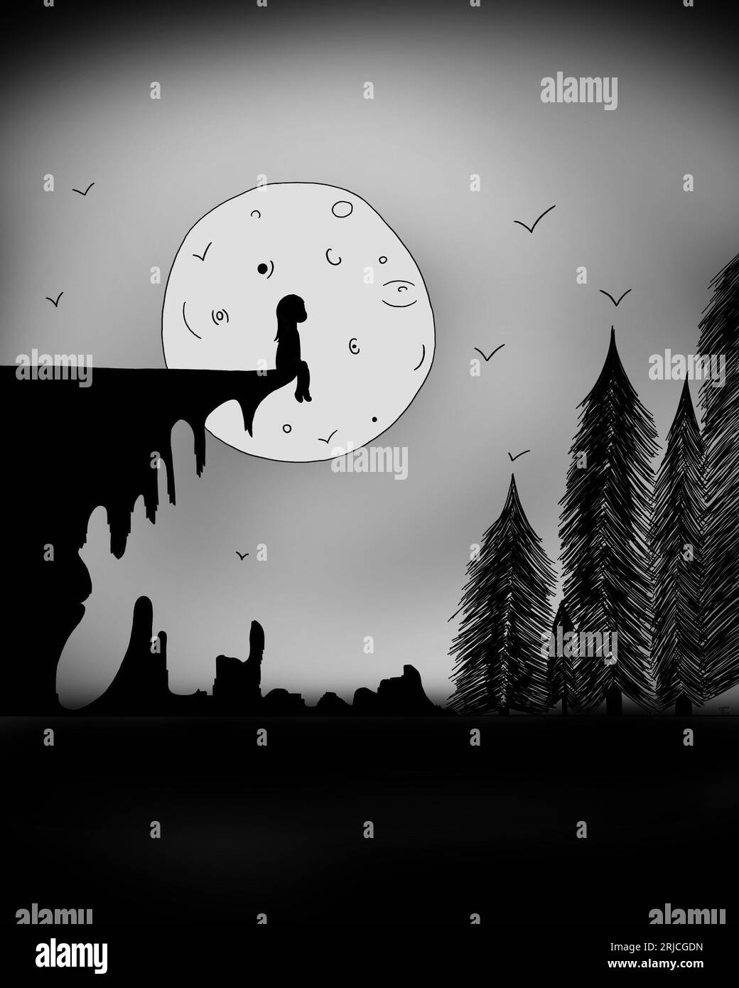 Abstract silhouette cartoon drawing of a girl sitting on the edge of a cliff overlooking the forest with the moon and night sky in the background. Stock Photo