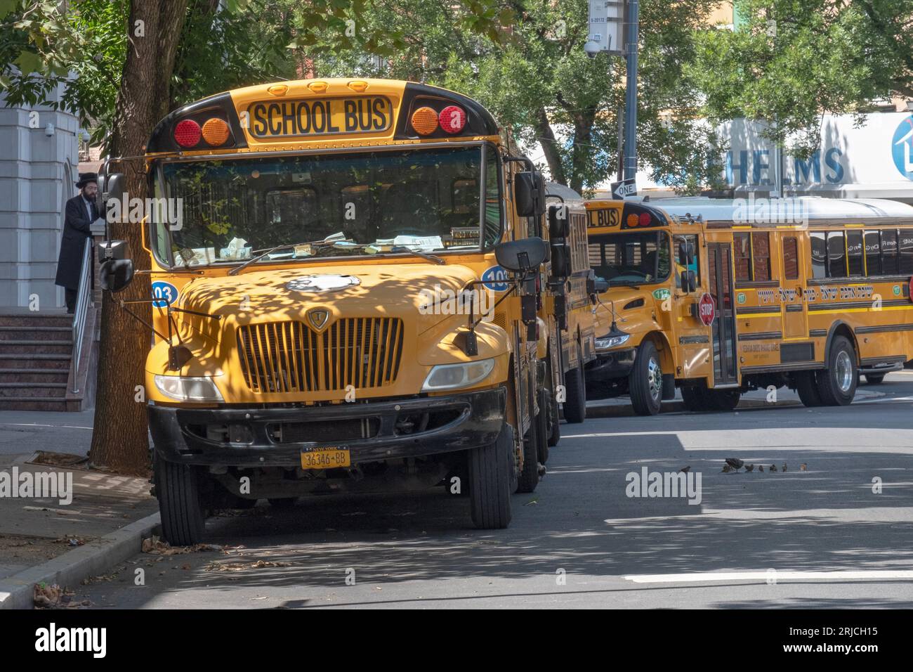 3 Vizhnitz school buses parked outside their synagogue school in Williamsburg, Brooklyn, Mew Yor. Stock Photo