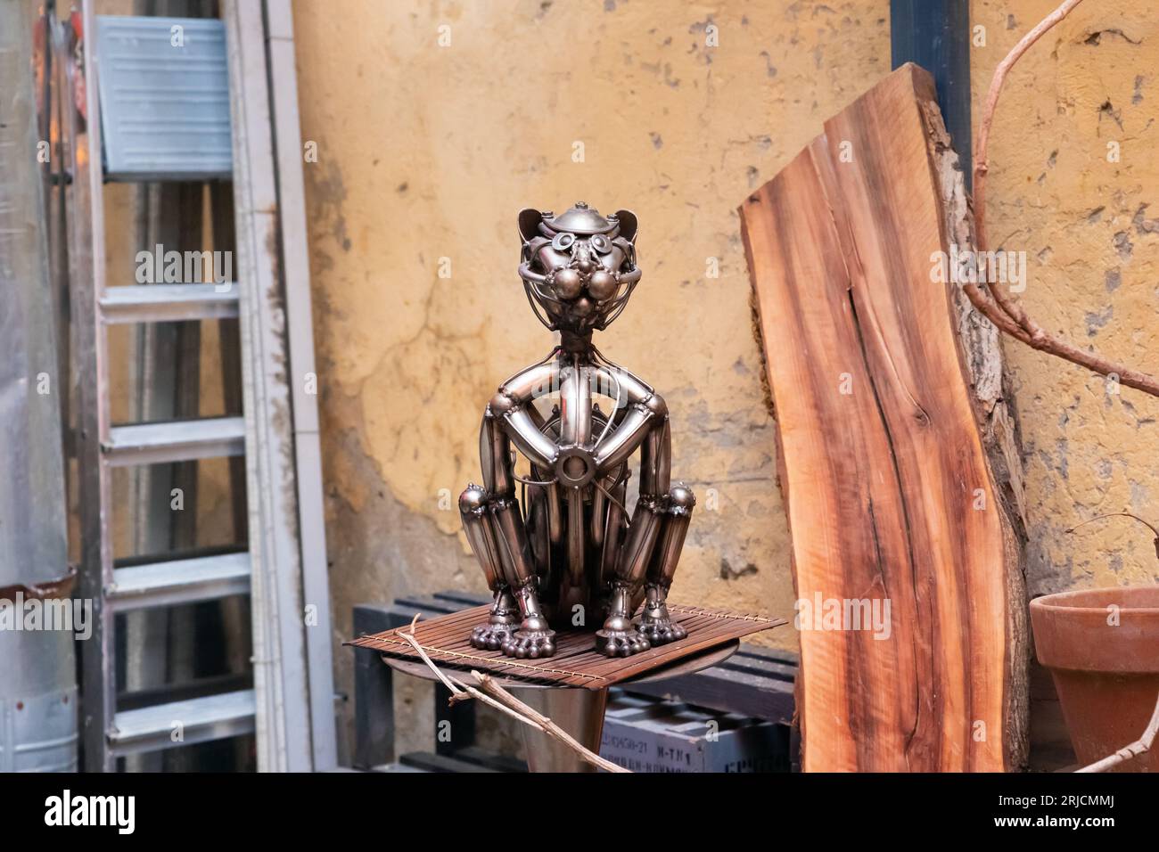 cat sculpture, modern futuristic art model of cat from metal, street art. front view St. Petersburg, Russia 17.05.2023 Stock Photo