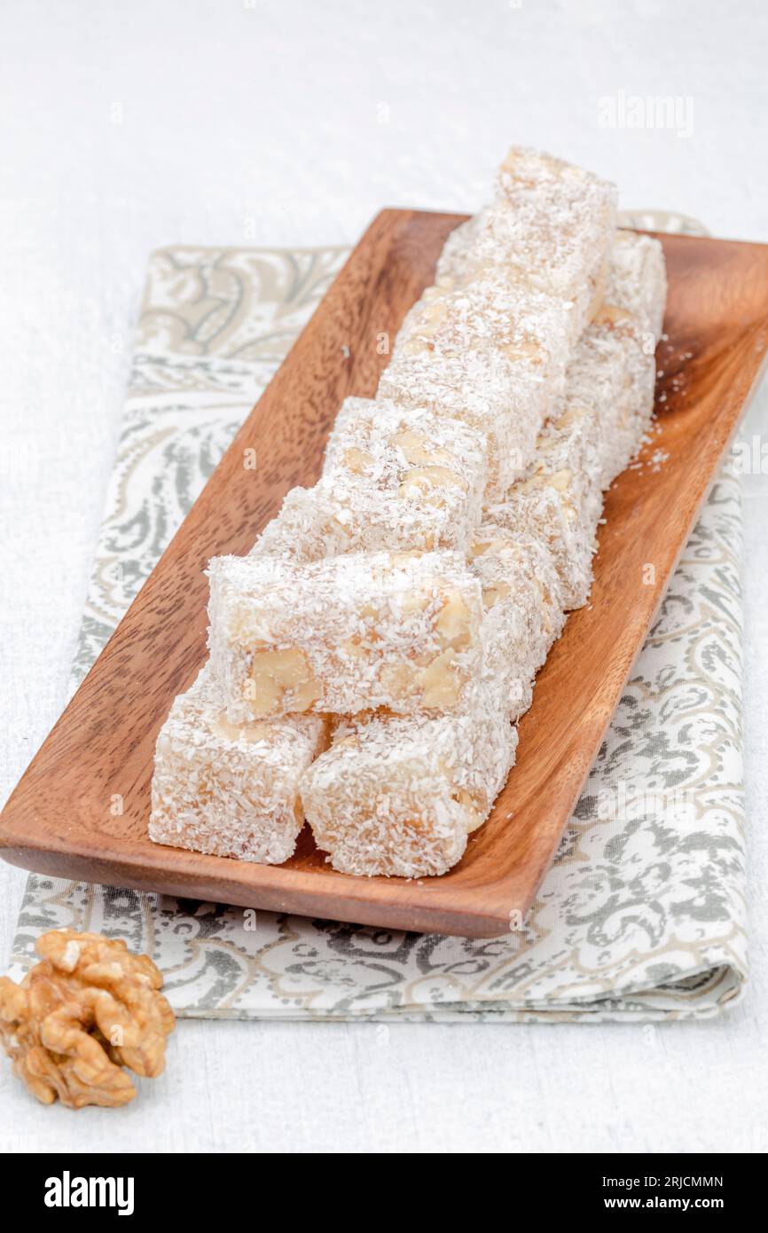 Turkish Delight. beautiful isolated pictures of Turkish sweets. turkish treats. Mastic-flavored jelly cubes (Greek Turkish delight) Stock Photo