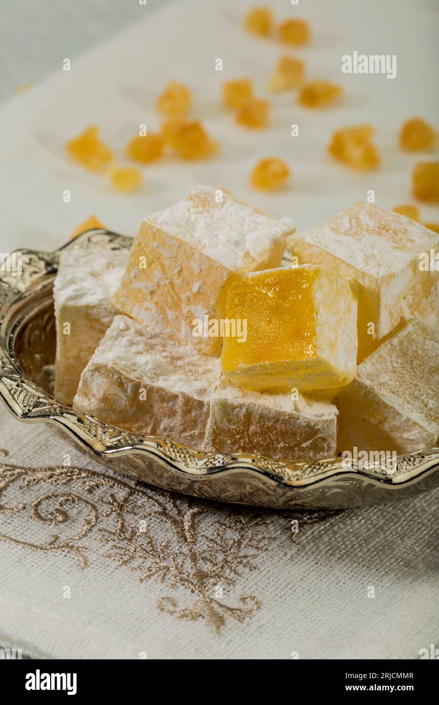 Turkish Delight. beautiful isolated pictures of Turkish sweets. turkish treats. Mastic-flavored jelly cubes (Greek Turkish delight) Stock Photo