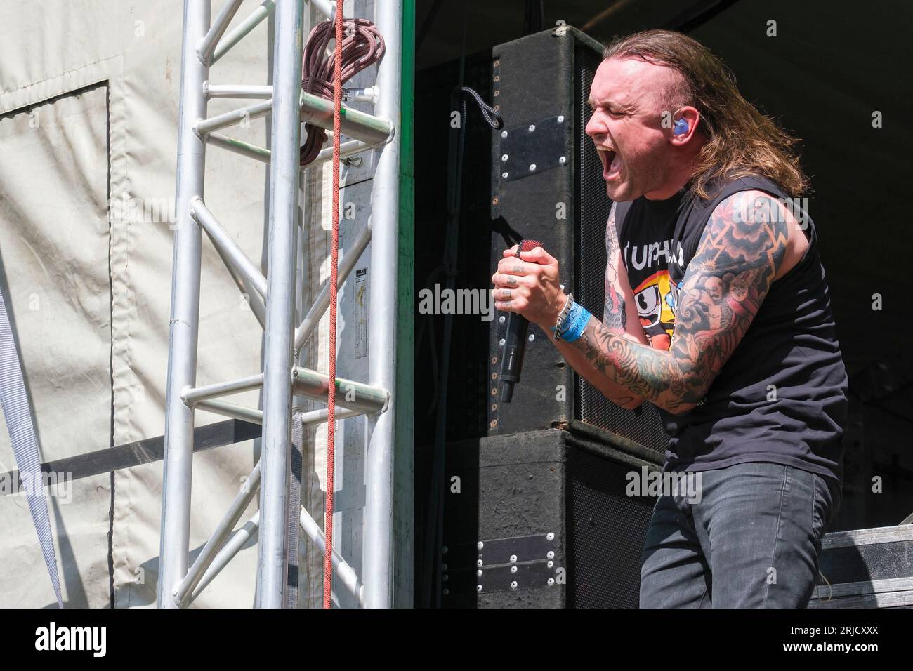 Barry 'Baz' Mills of Massive Wagons performing at the Weyfest Music Festival, August 20, 2023 Stock Photo