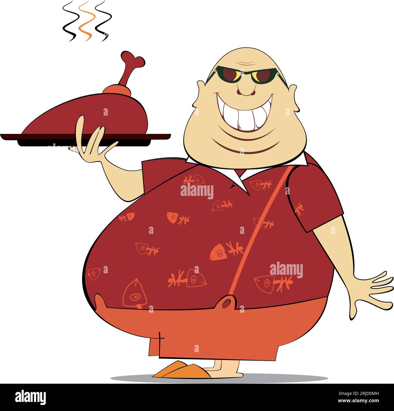 Smiling fat man holding a tray with meat. Cartoon man with big belly