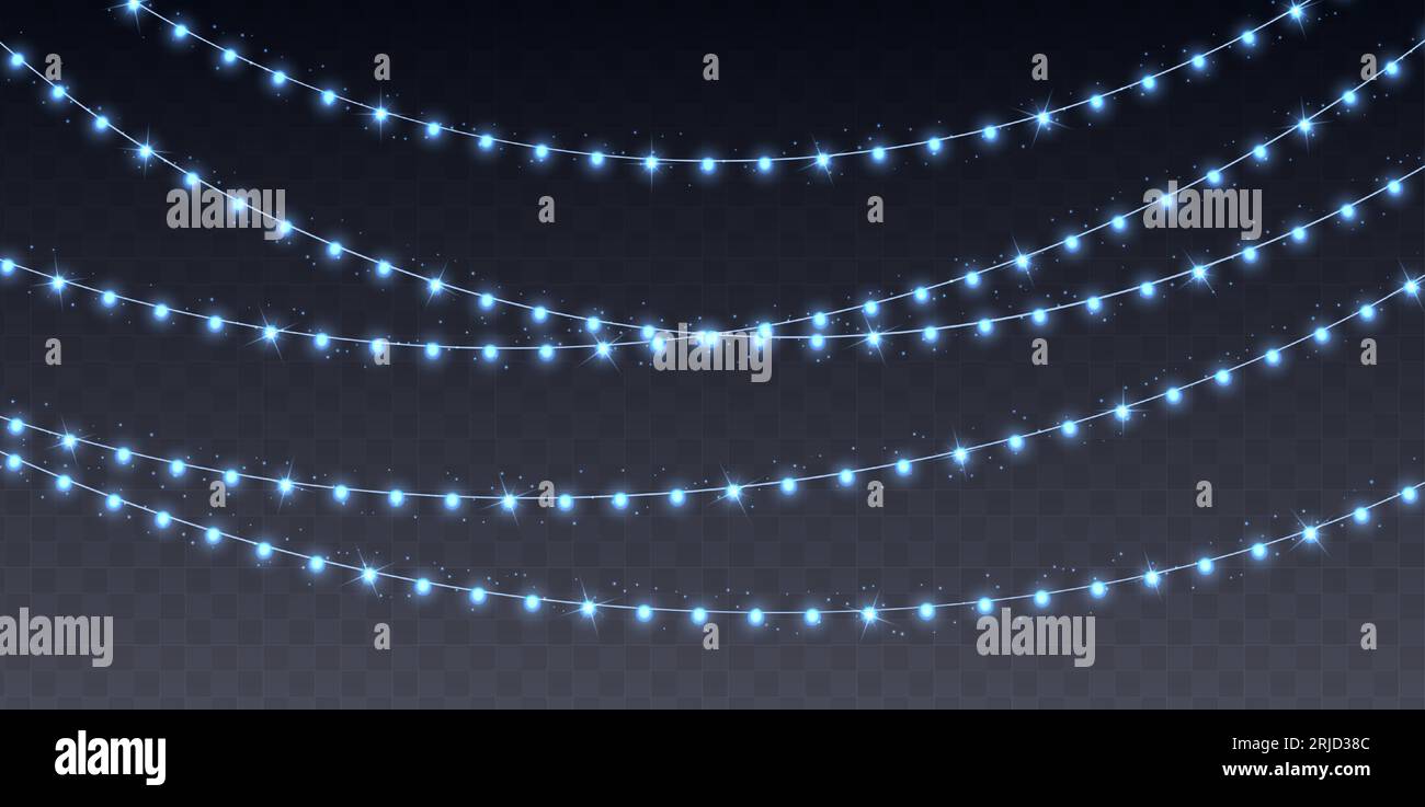Christmas garland, glowing blue light bulbs string. Vector event ...