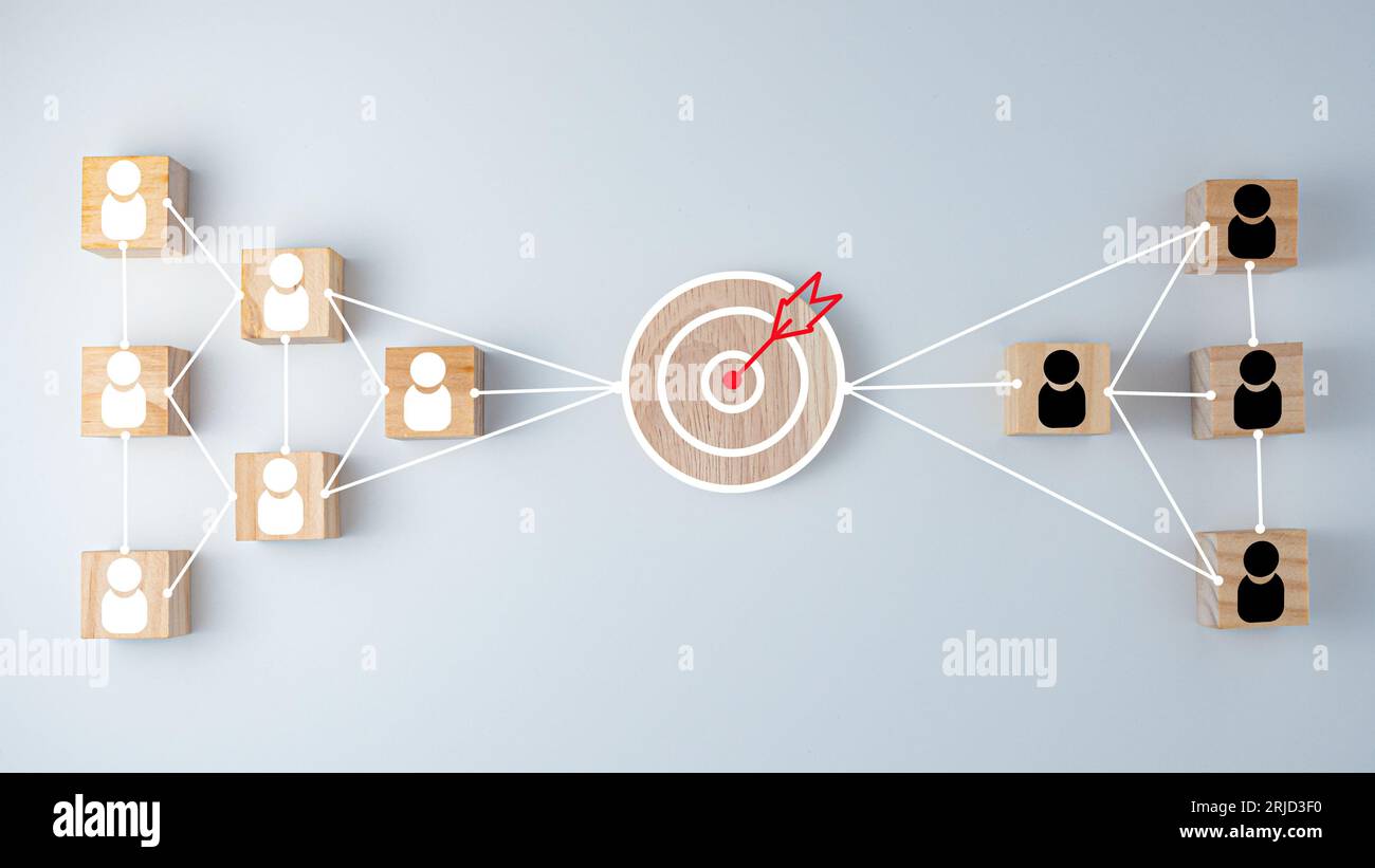 wooden block which prints a target icon connection linkage with human ...