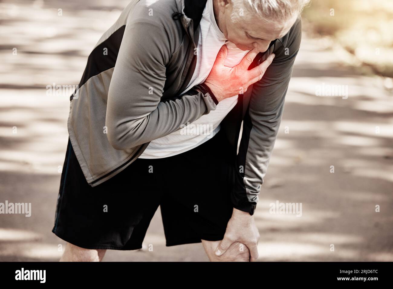 Chest pain, heart attack and running, fitness and red overlay, injury