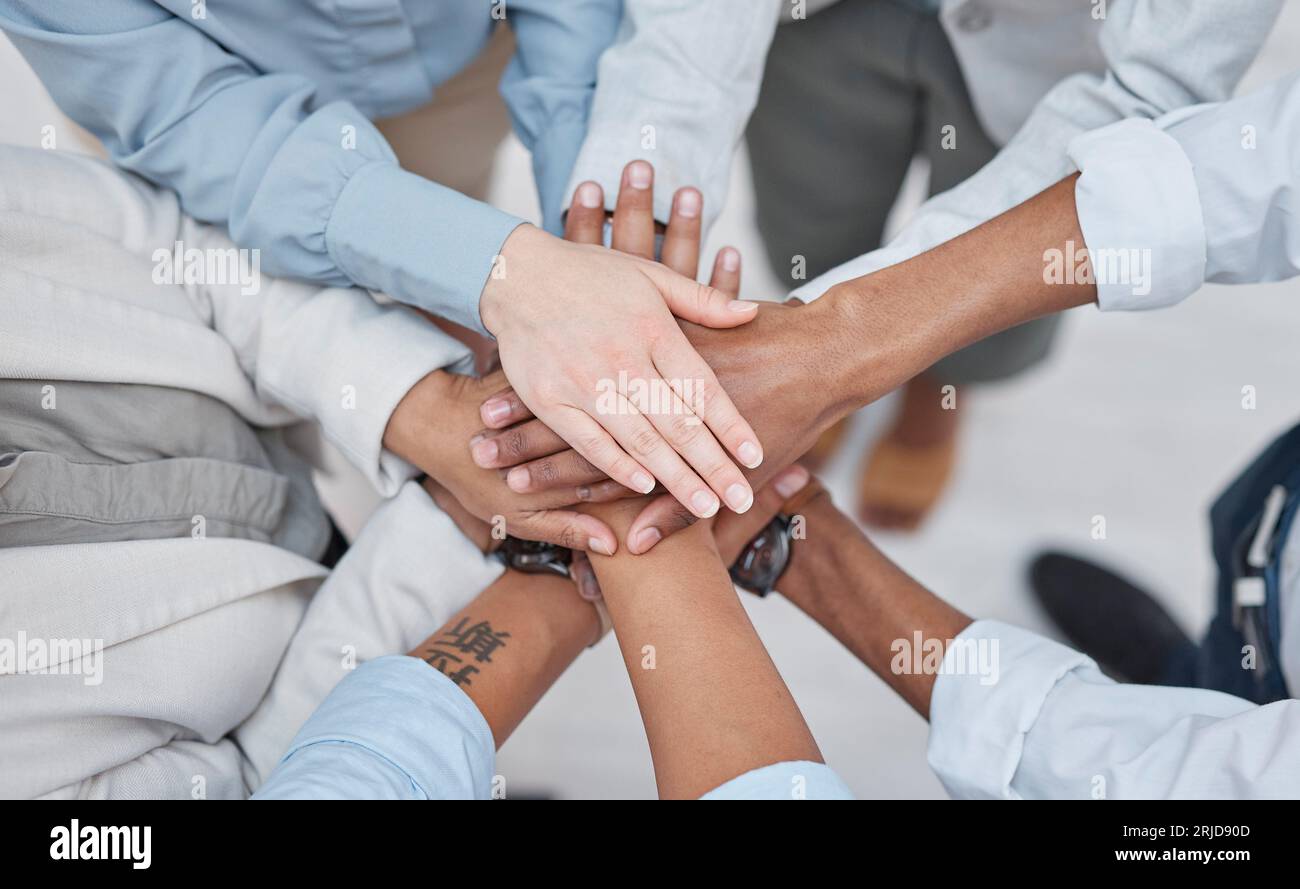 Team Work Stack Hands stack, group teamwork and business people celebrate corporate ...