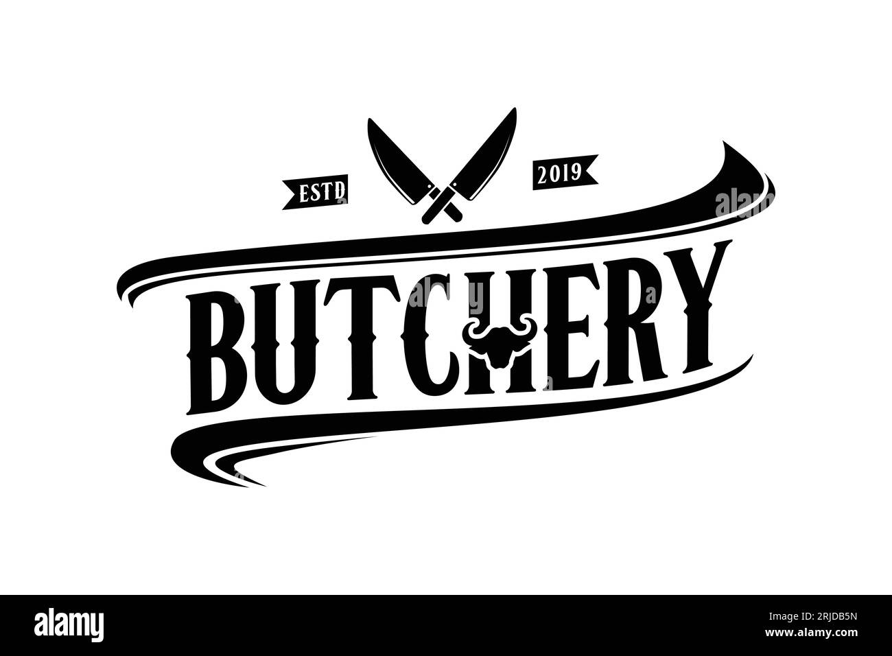 Vintage Retro Butcher shop label logo design with crossed cleavers