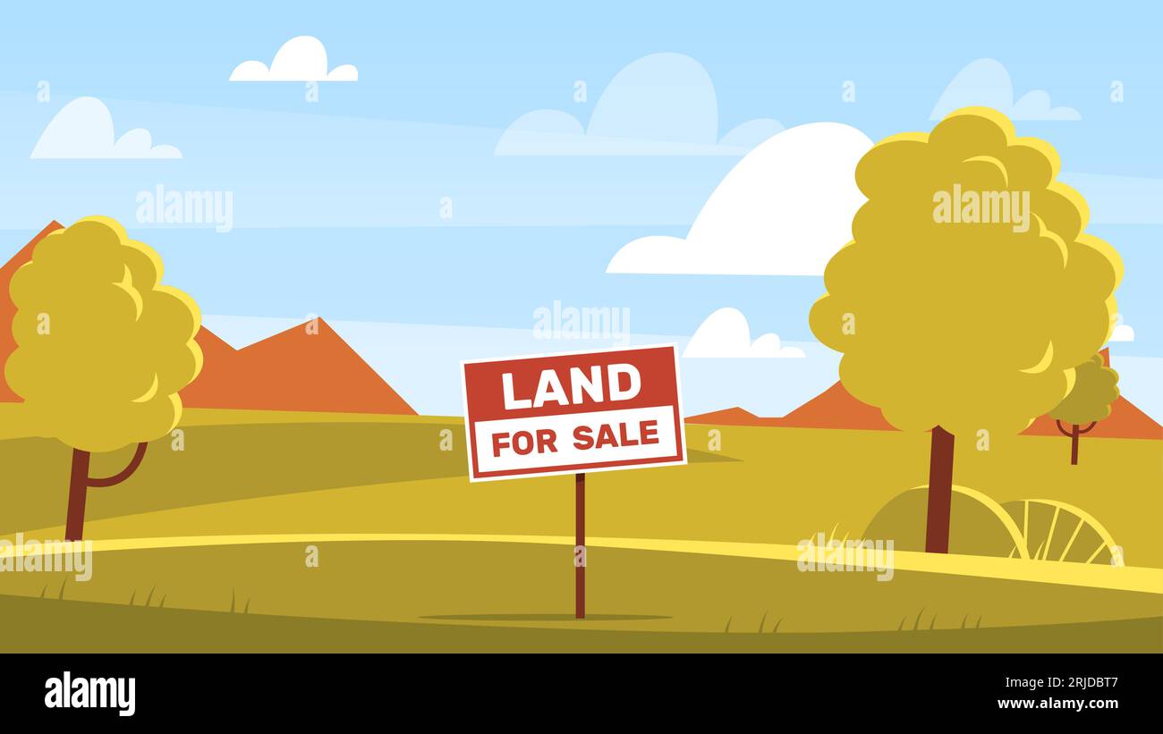 Land sale concept, signage with words about land sale. Meadow with