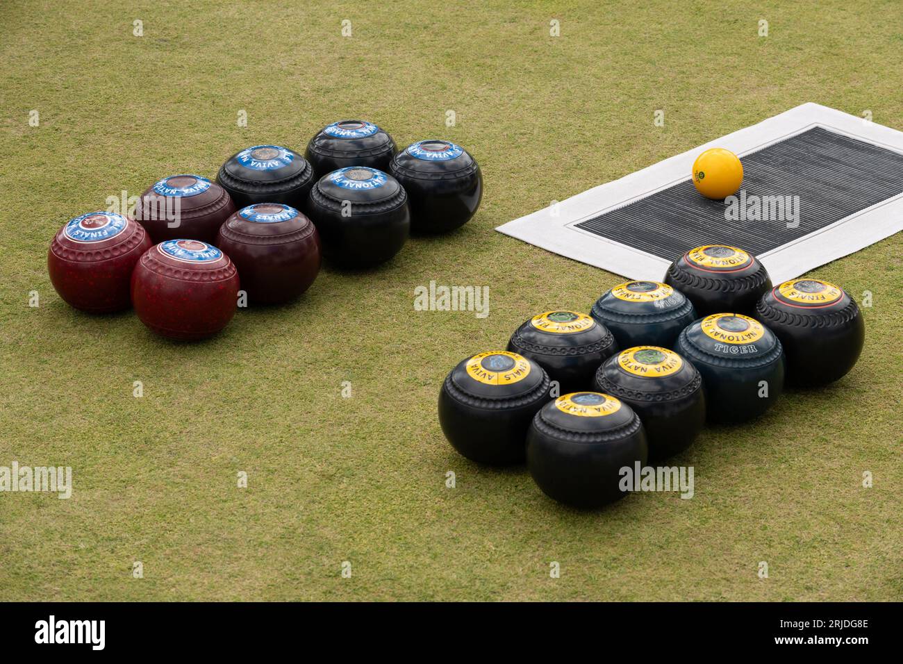 Lawn bowls, mat and jack Stock Photo Alamy
