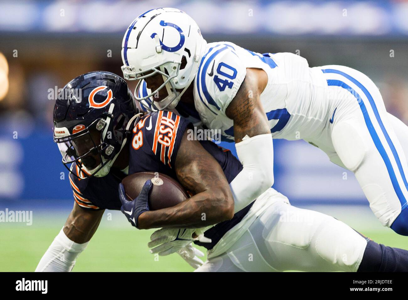 USA. 19th Aug, 2023. August 19, 2023: Indianapolis Colts defensive back  Jaylon Jones (40) makes the tackle on Chicago Bears wide receiver Daurice  Fountain (82) during NFL football preseason game action at