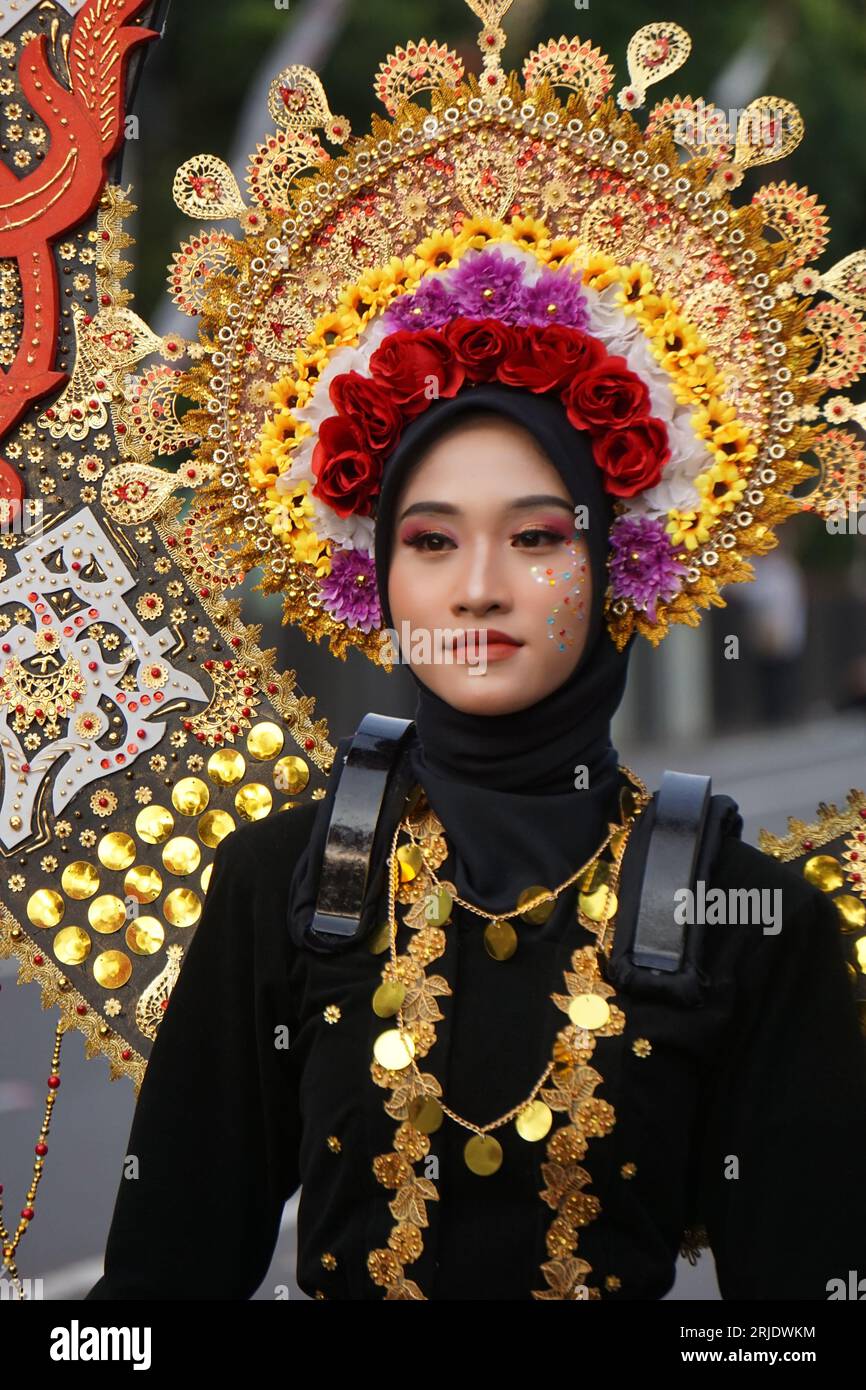 Dinde belek (Gendang Beleq) dance from Nusa Tenggara Barat at BEN Carnival. This dance is performed in sacred ceremonies, as well as weddings Stock Photo