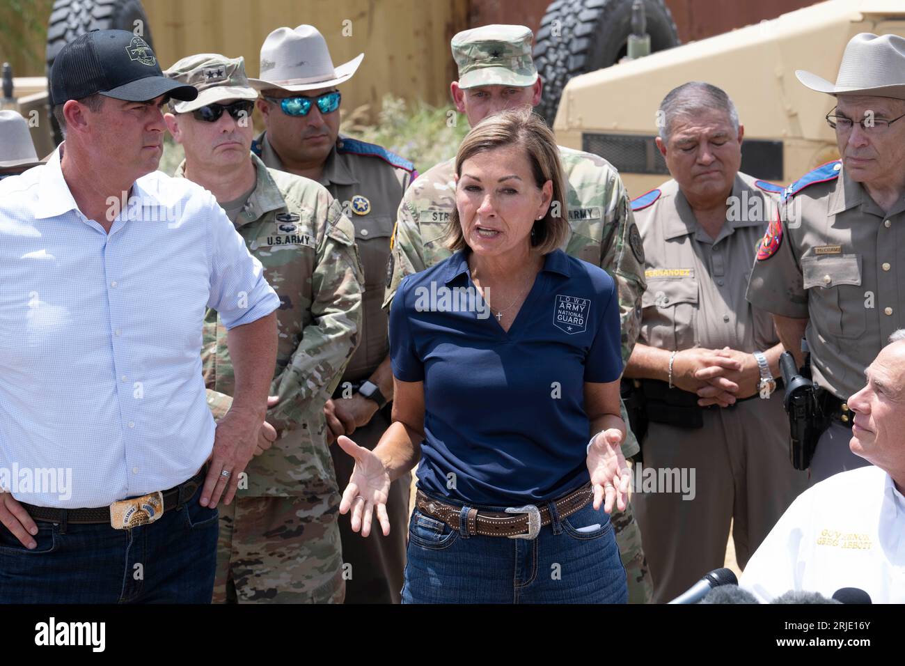 Iowa Governor KIM REYNOLDS speaks to the press as several U.S. governors  hold a briefing along the Rio Grande River in Eagle Pass, Texas on August  21, 2023. The governors took a