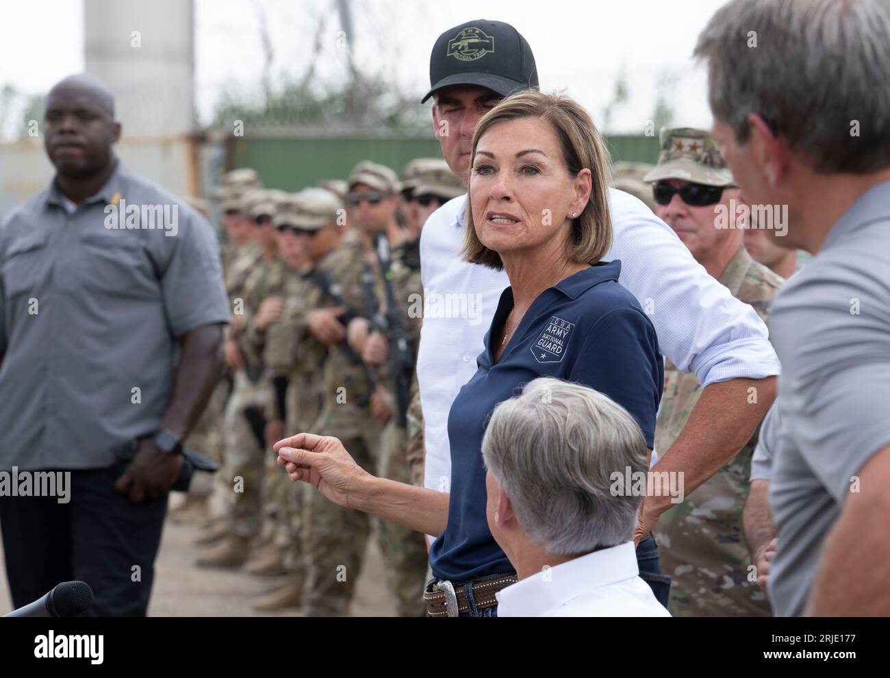 Iowa Governor KIM REYNOLDS speaks to the press as several U.S. governors  hold a briefing along the Rio Grande River in Eagle Pass, Texas on August  21, 2023. The governors took a