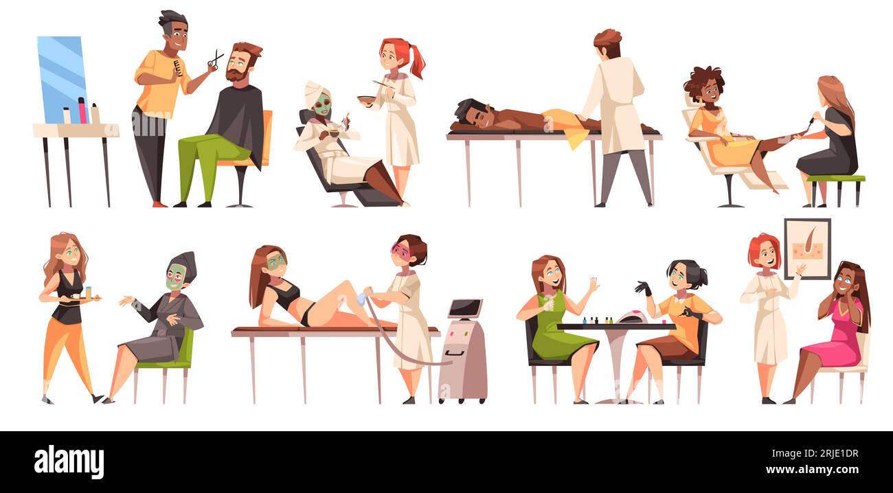 Cartoon people in beauty center. Happy men and women in cosmetic salon