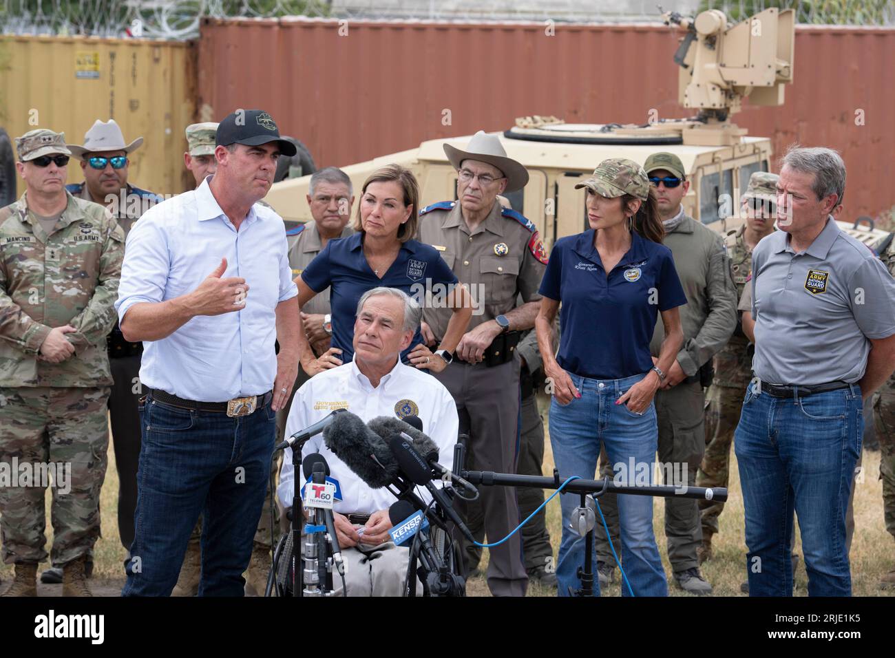 Oklahoma Governor KEVIN STITT addresses the press while Texas Governor ...