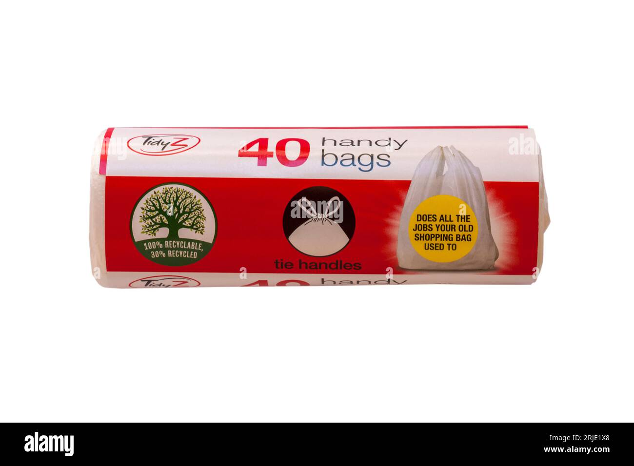 Roll of 40 handy bags from Tidyz isolated on white background - 100%  recyclable 30% recycled - does all the jobs your old shopping bag used to  Stock Photo - Alamy