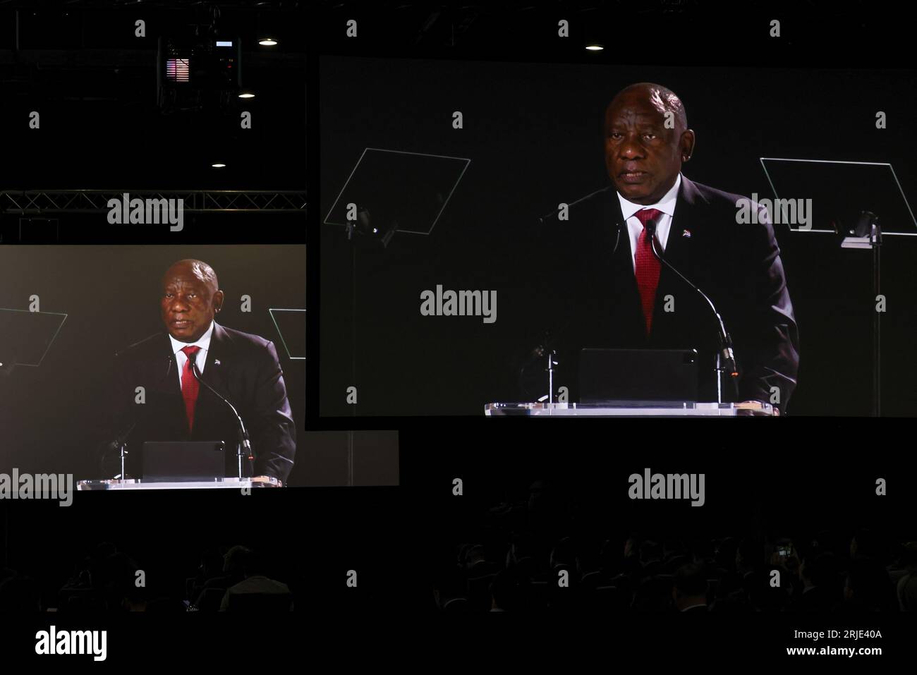 Cyril Ramaphosa, President of South Africa speaks on day one of the BRICS summit at Sandton Convention Center on August 22, 2023, in Johannesburg, South Africa. BRICS, comprised of Brazil, Russia, India, China, and South Africa is a group of major emerging economies that meet to discuss practical cooperation and solidarity to find mutual interests and common values. Twenty-Three additional countries have applied to join BRICS with 16 other nations expressing interest. The three-day summit is set to run from August 22nd to 24th. Photo by Jemal Countess/UPI Stock Photo