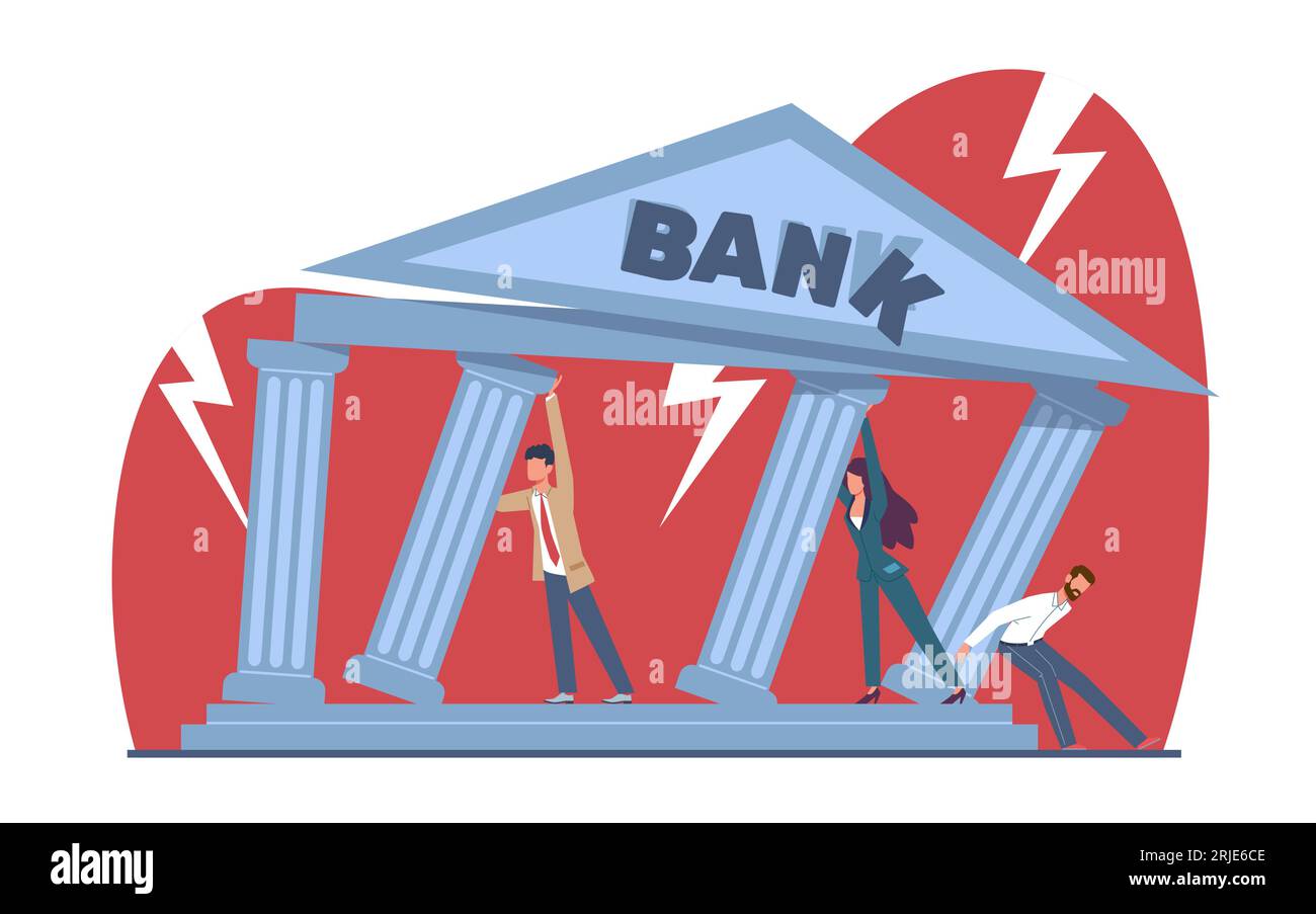 Bank collapse or bankruptcy businessmen try to save crumbling bank