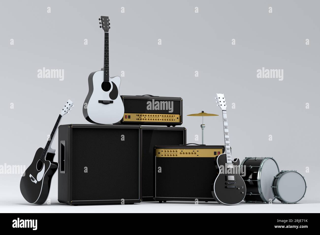 Set of electric acoustic guitars, amplifiers and drums with metal