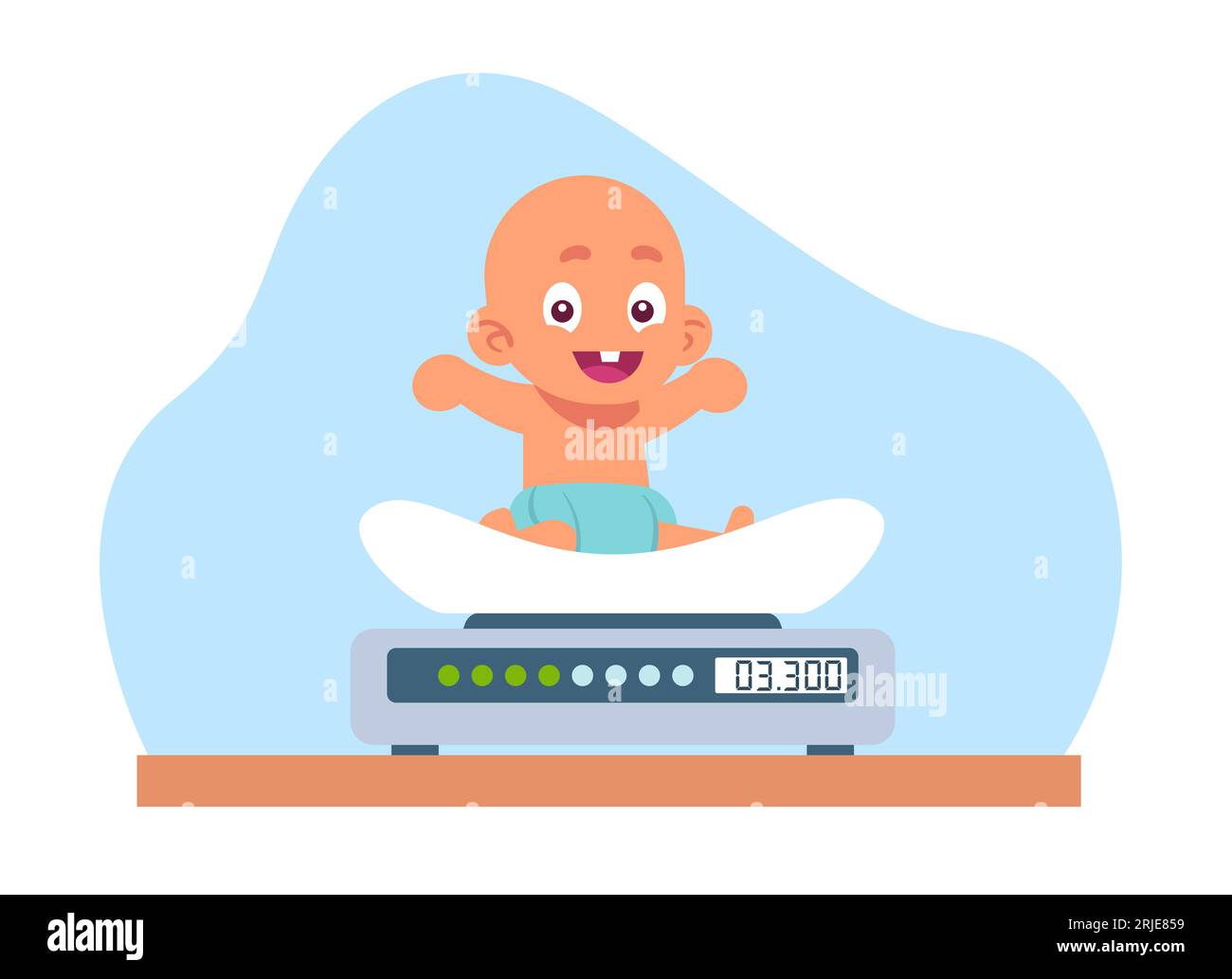 Joyful toddler sits on scale to measure weight of small children